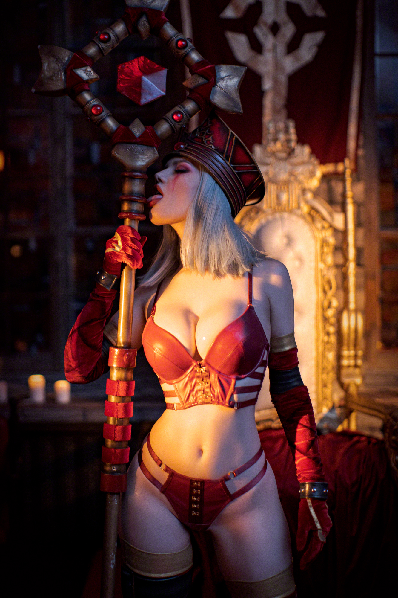 People 1333x2000 women model cosplay indoors women indoors Lada Lyumos Sally Whitemane video games video game girls video game characters World of Warcraft Warcraft white hair red clothing gloves arm warmers belly belly button cleavage lingerie open mouth wide hips