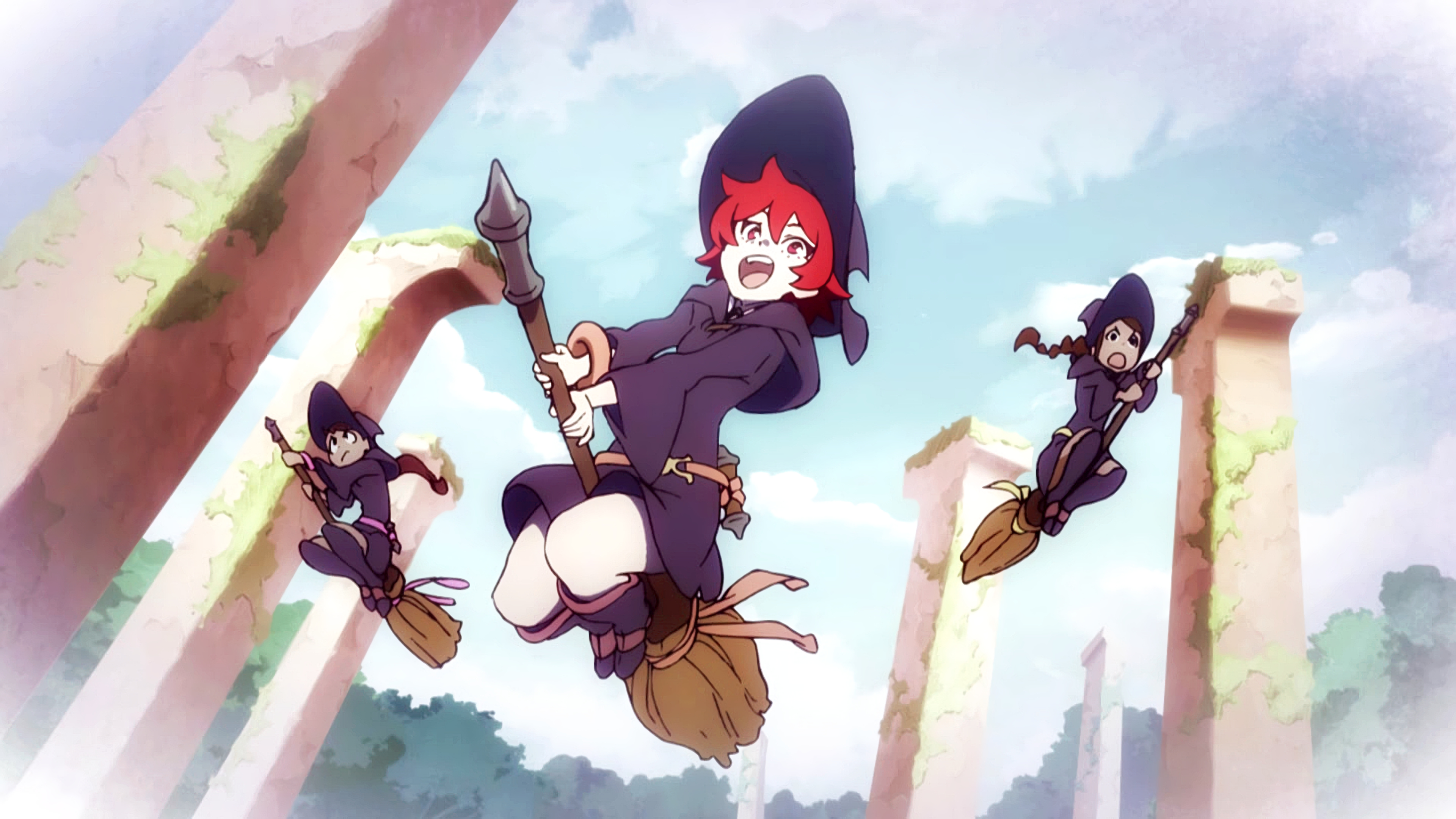 Anime 3840x2160 Little Witch Academia Chariot du Nord witch witch hat witch's broom flying smiling redhead red eyes anime screen shot Anime screenshot Luna Nova uniform short hair boots trigger