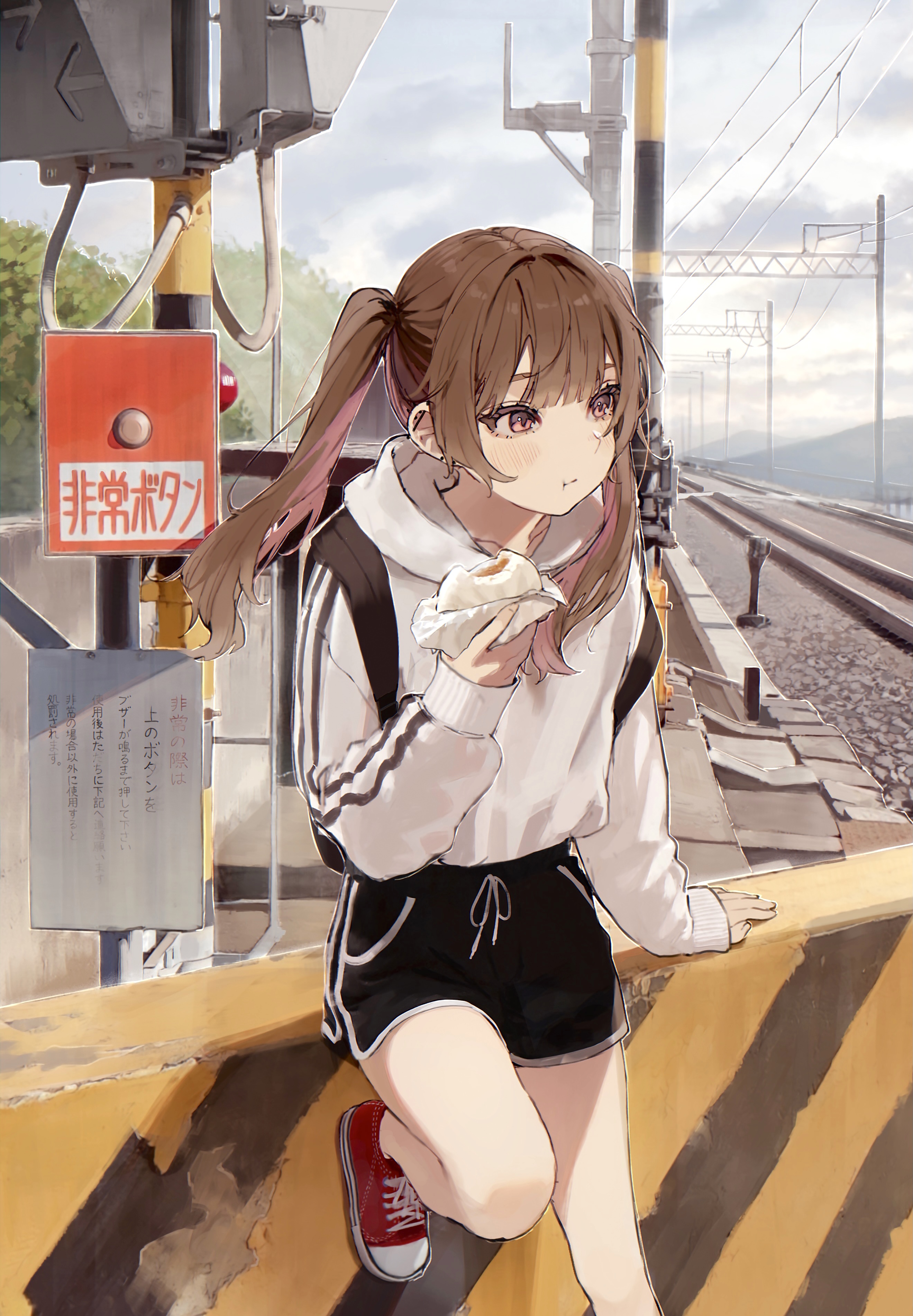 Anime 2639x3804 anime anime girls Daluto artwork anime girls eating brunette twintails railway shorts
