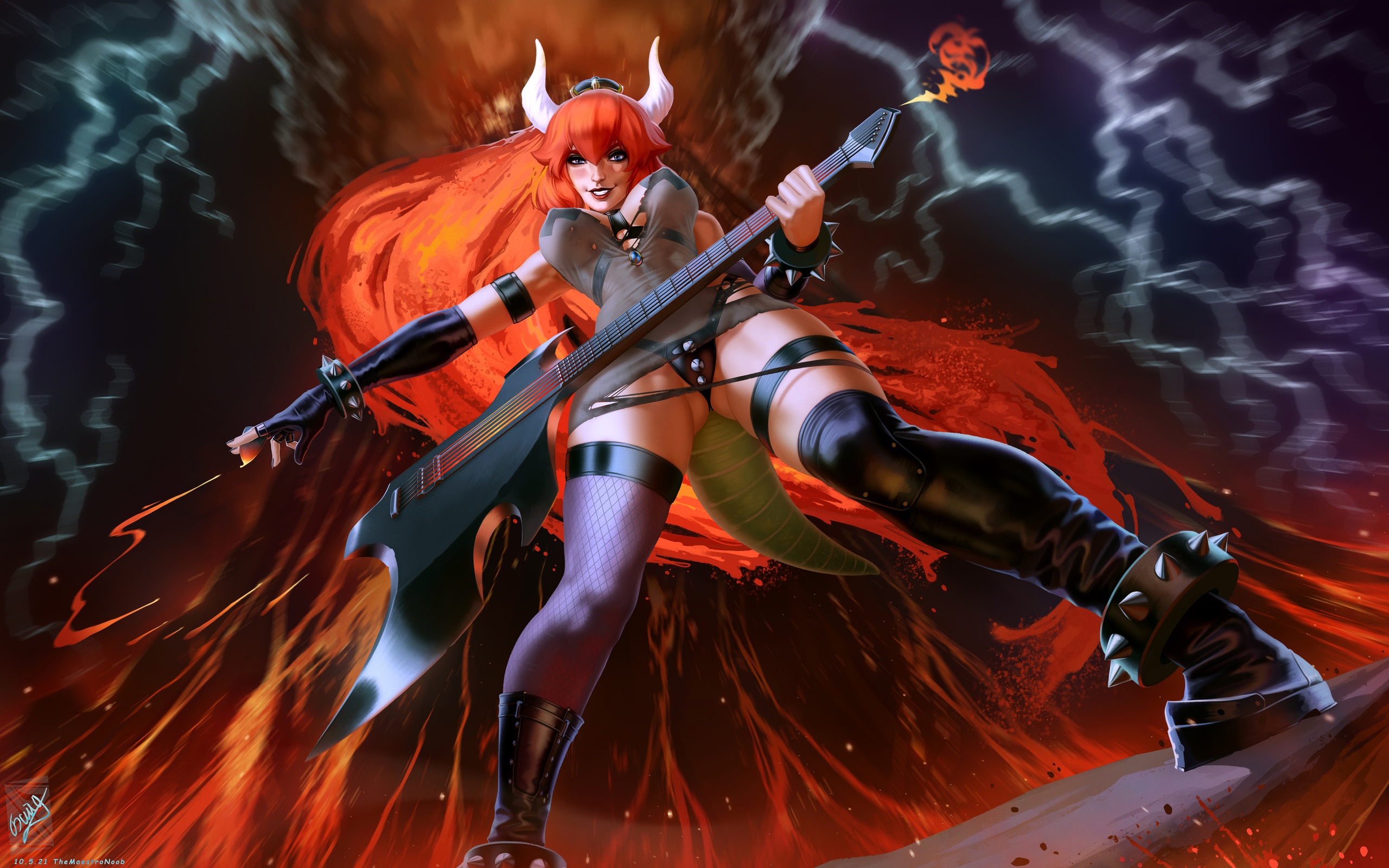 General 2560x1600 digital art fantasy girl underwear anime girls Bowsette body harness tail redhead thighs spike  long hair taped nipples big boobs low-angle lightning night smiling horns guitar spike bracelets gloves elbow gloves fire lava mountains black boots TheMaestroNoob