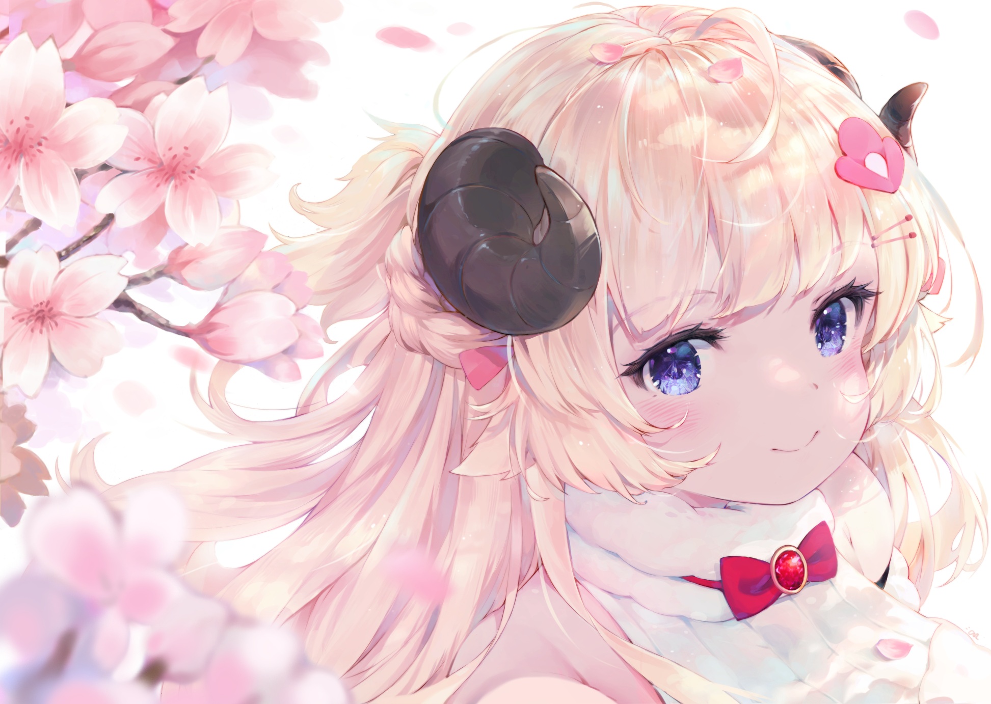 Anime 1945x1382 anime anime girls Hololive Virtual Youtuber horns blonde blue eyes cherry blossom