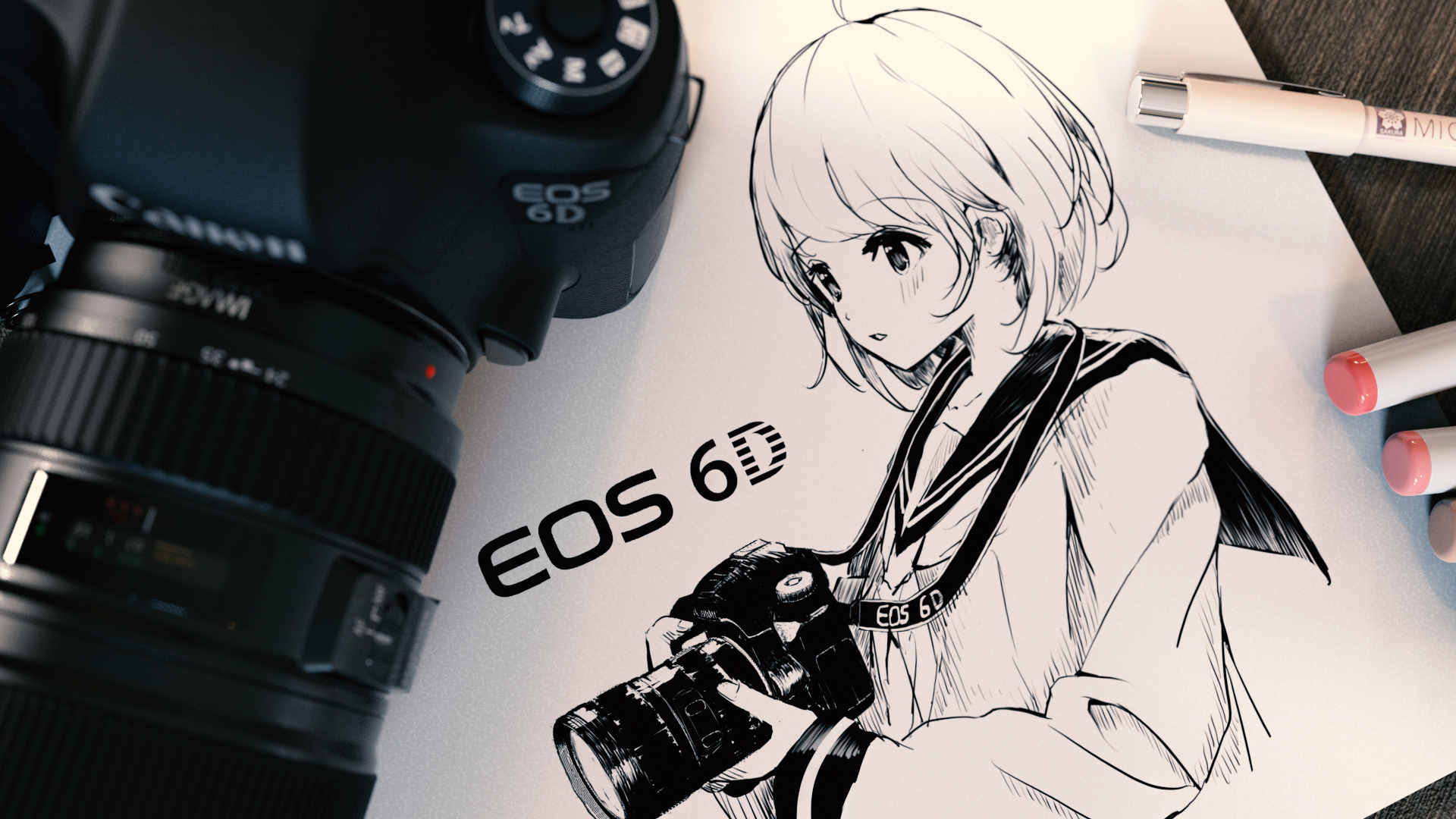 Anime 1920x1080 painting monochrome artwork Hanecha1220 anime girls camera CANON EOS 6D school uniform