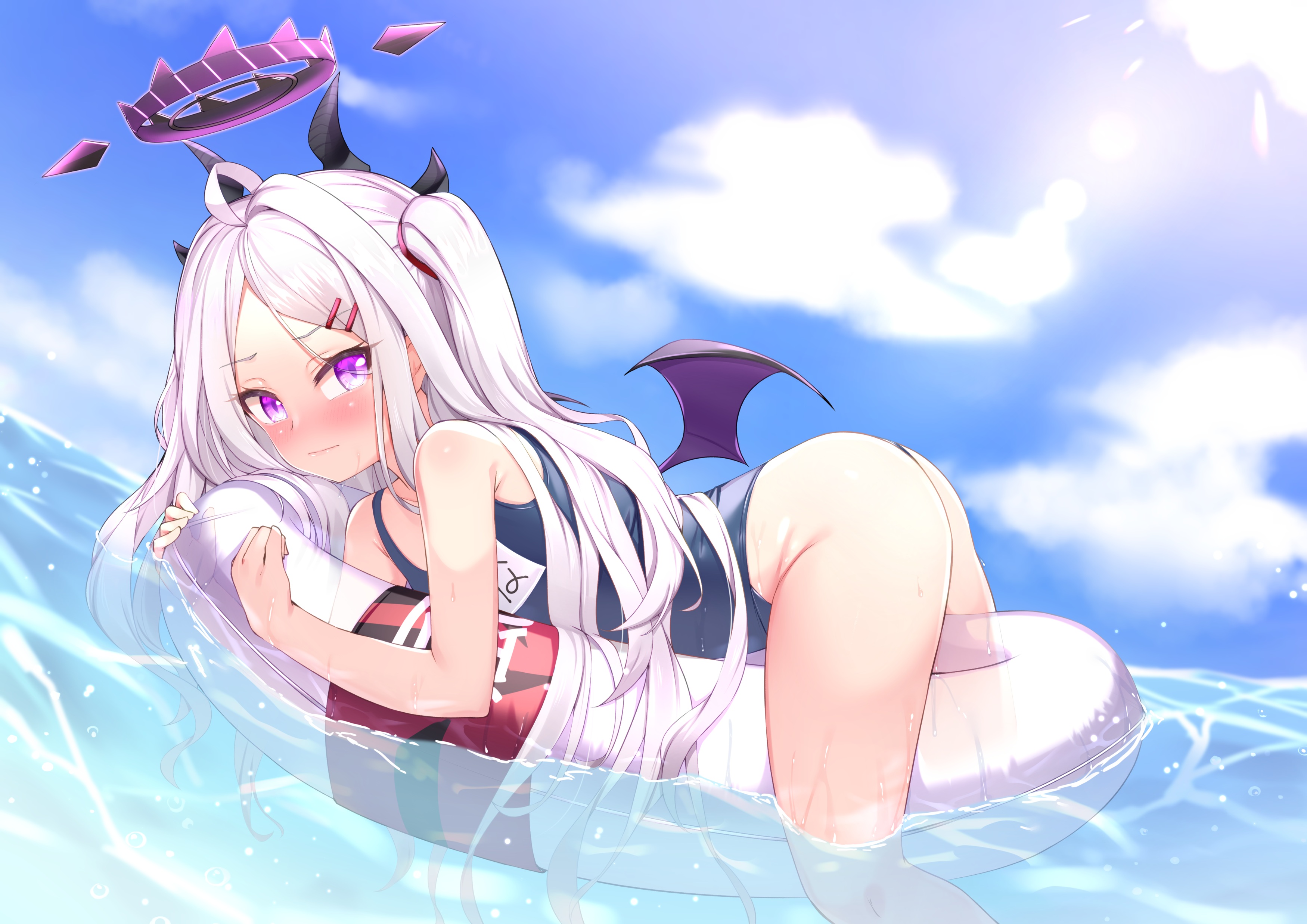 Anime 3500x2474 anime anime girls gmkj artwork Blue Archive demon girls horns blushing purple eyes bent over Sorasaki Hina (Blue Archive) pink hair school swimsuits looking at viewer clouds white hair sunlight floater water wings hair clip floating outdoors women outdoors sky one-piece swimsuit ass wet body wet