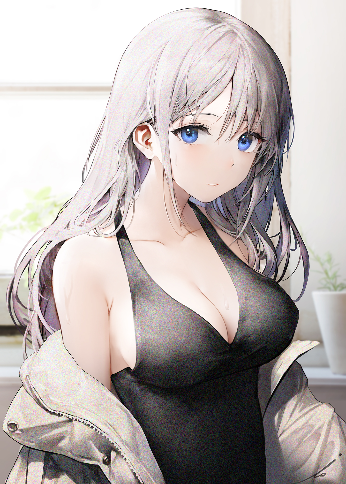 Anime 1430x2000 anime anime girls digital art 2D looking at viewer cleavage silver hair dress