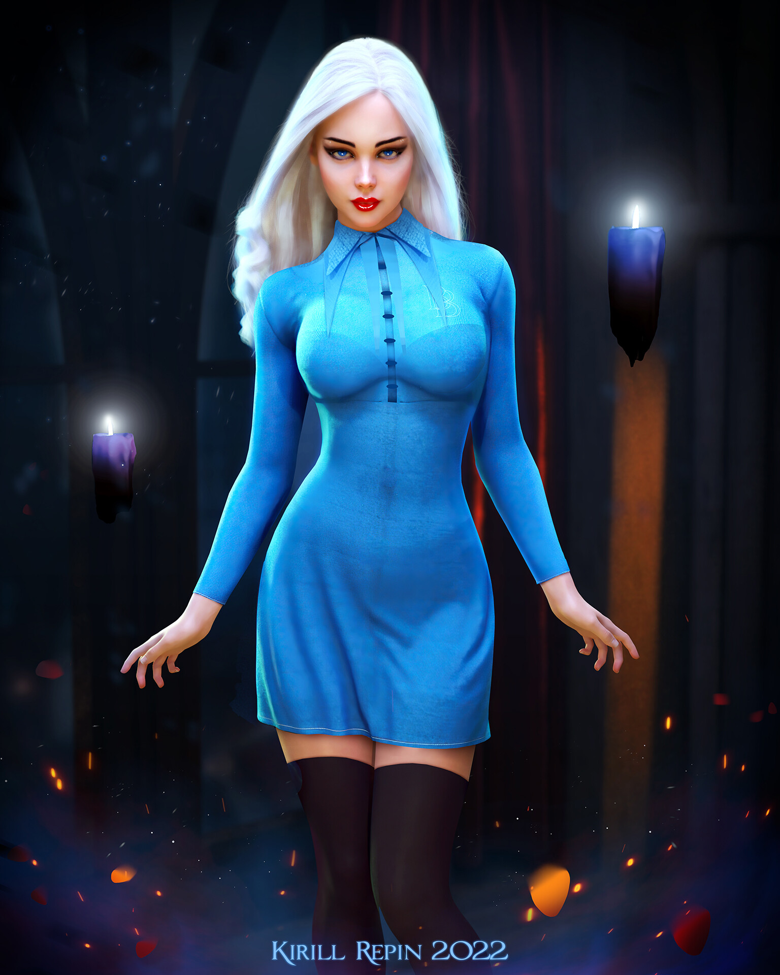 General 1536x1920 Kirill Repin women blonde Fleur Delacour (Harry Potter) long hair stockings thigh-highs dress blue clothing dark indoors