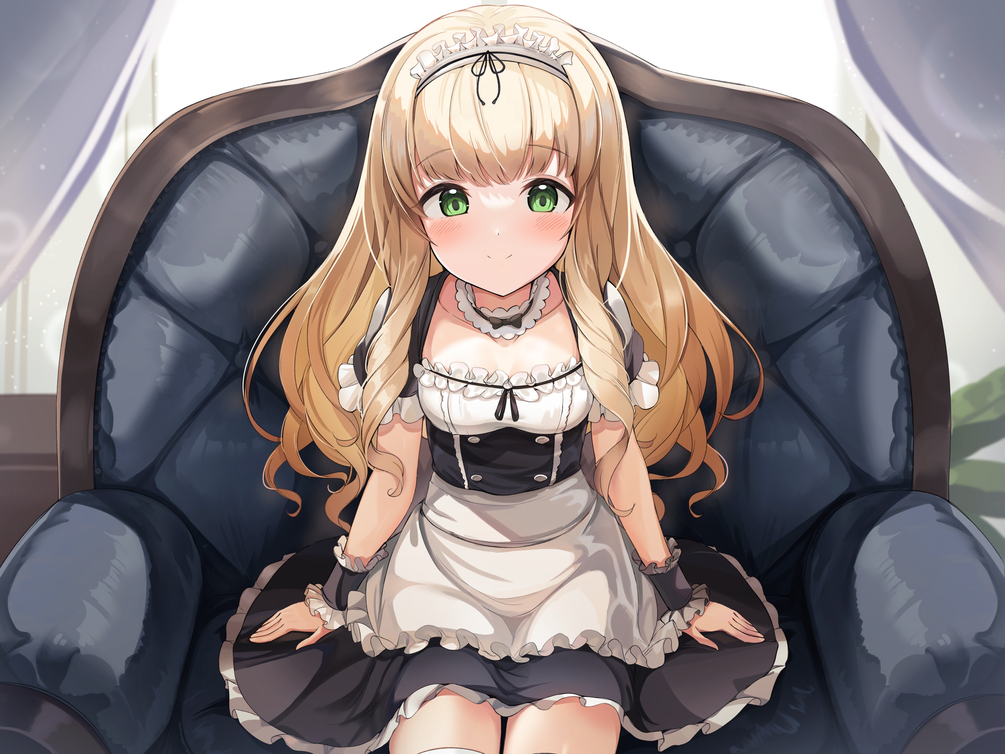 Anime 3500x2625 anime anime girls smiling green eyes blonde maid maid outfit long hair Ohshit artwork