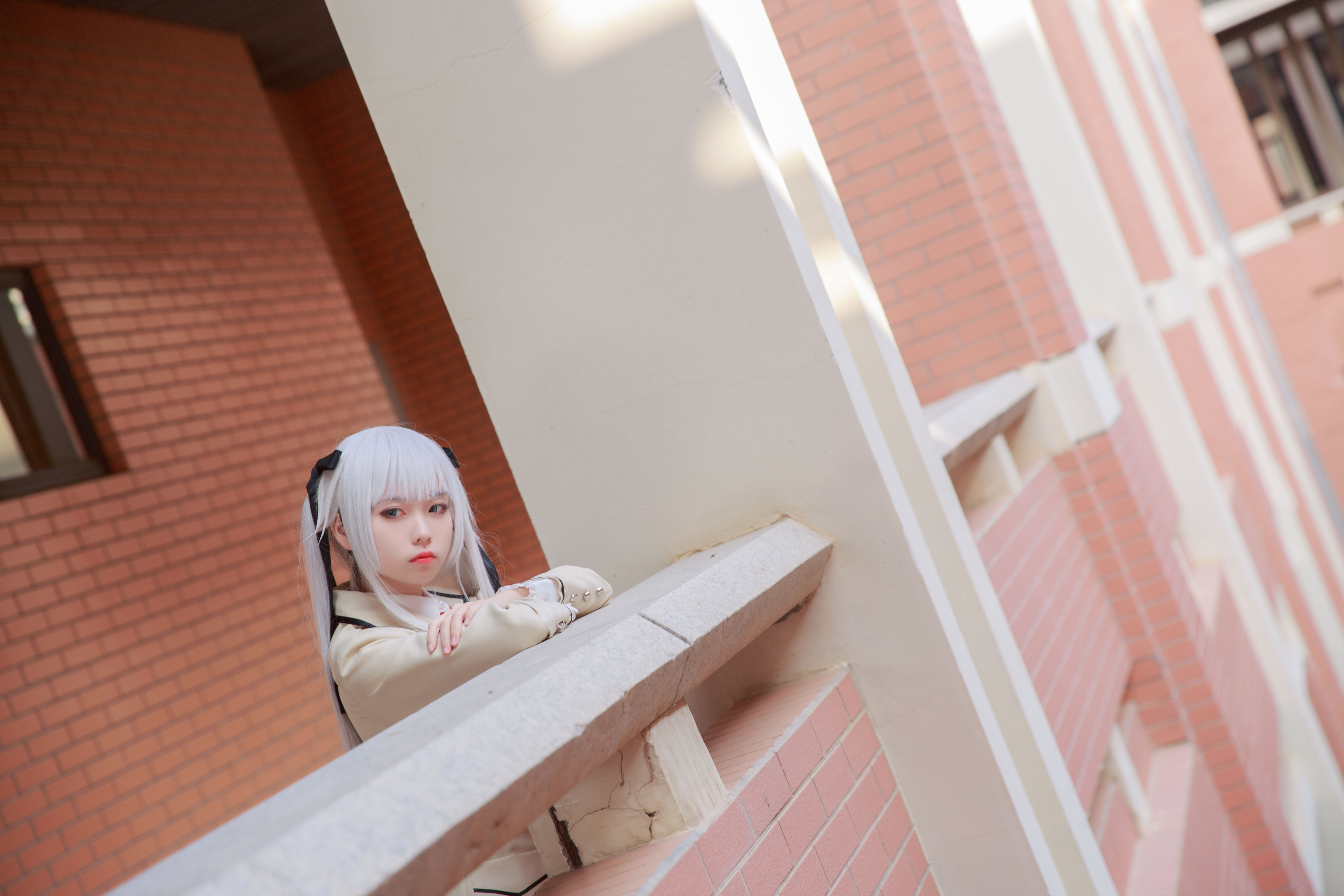 People 5760x3840 cosplay Asian school uniform women model women outdoors pale twintails white hair