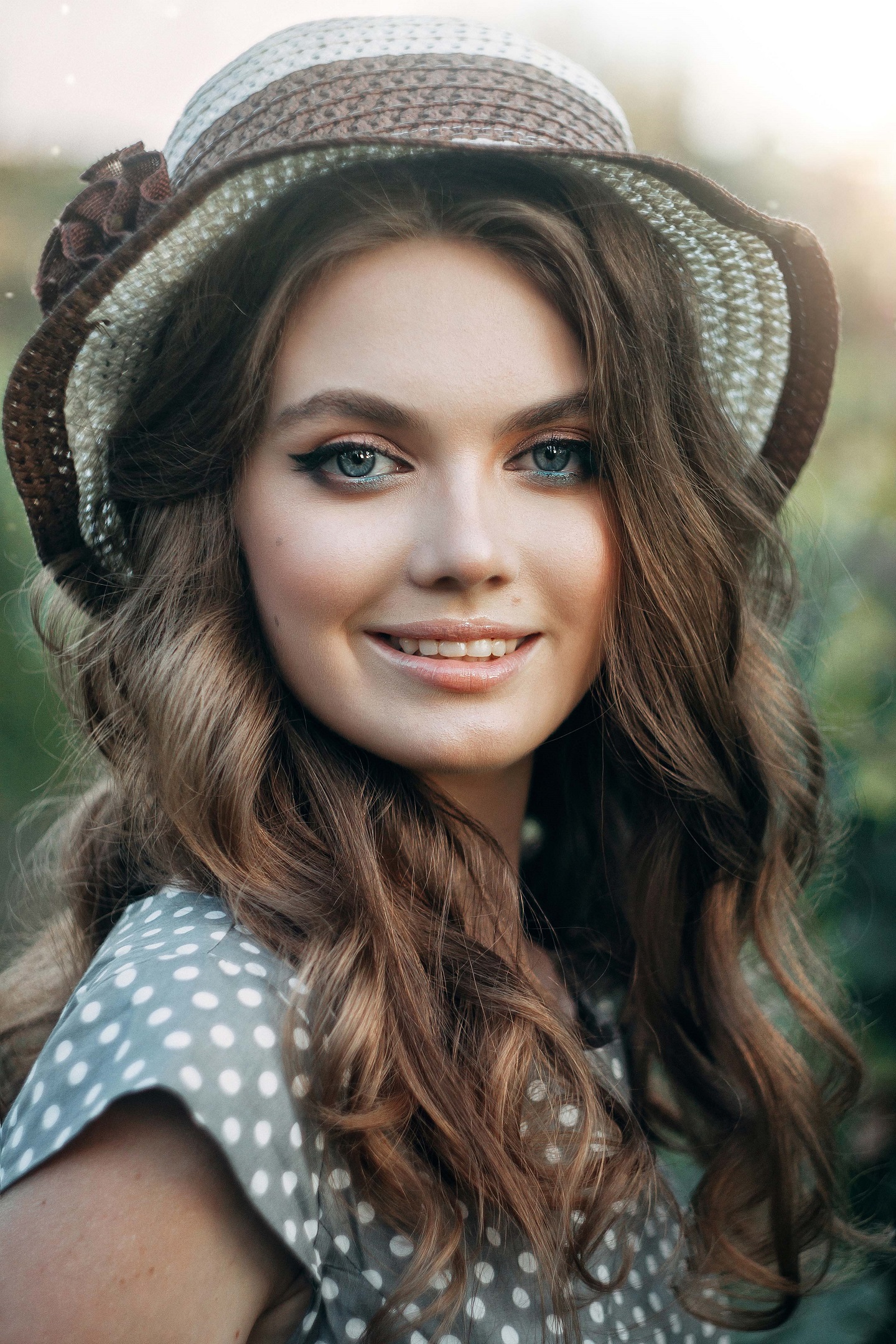 People 1440x2160 Viktoriya Gurtovaya women hat brunette wavy hair blue eyes smiling makeup dots depth of field portrait