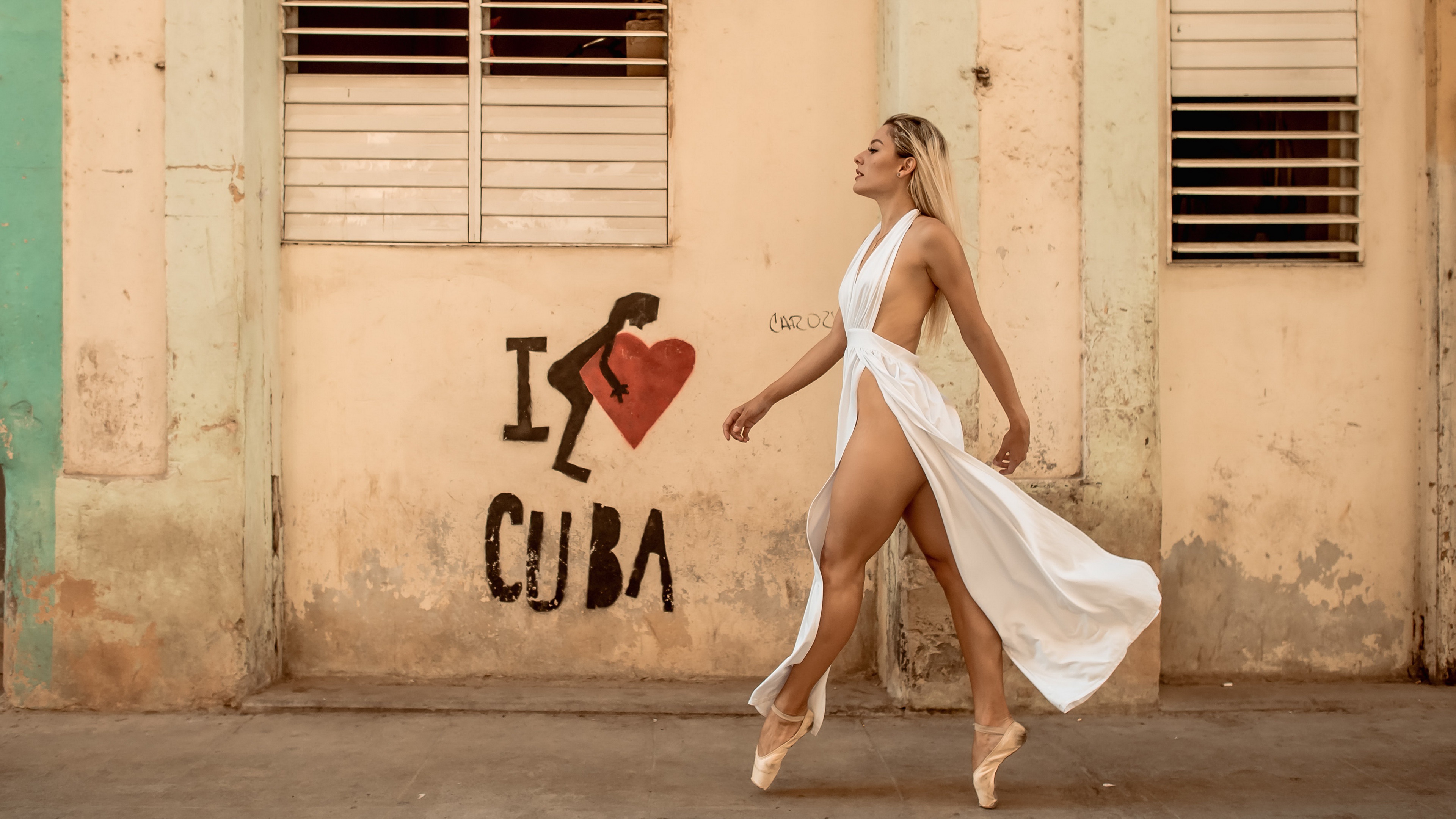 People 3840x2160 Cuba women wall urban women outdoors model outdoors walking tiptoe legs ballet slippers blonde thighs dyed hair face profile no bra pointed toes