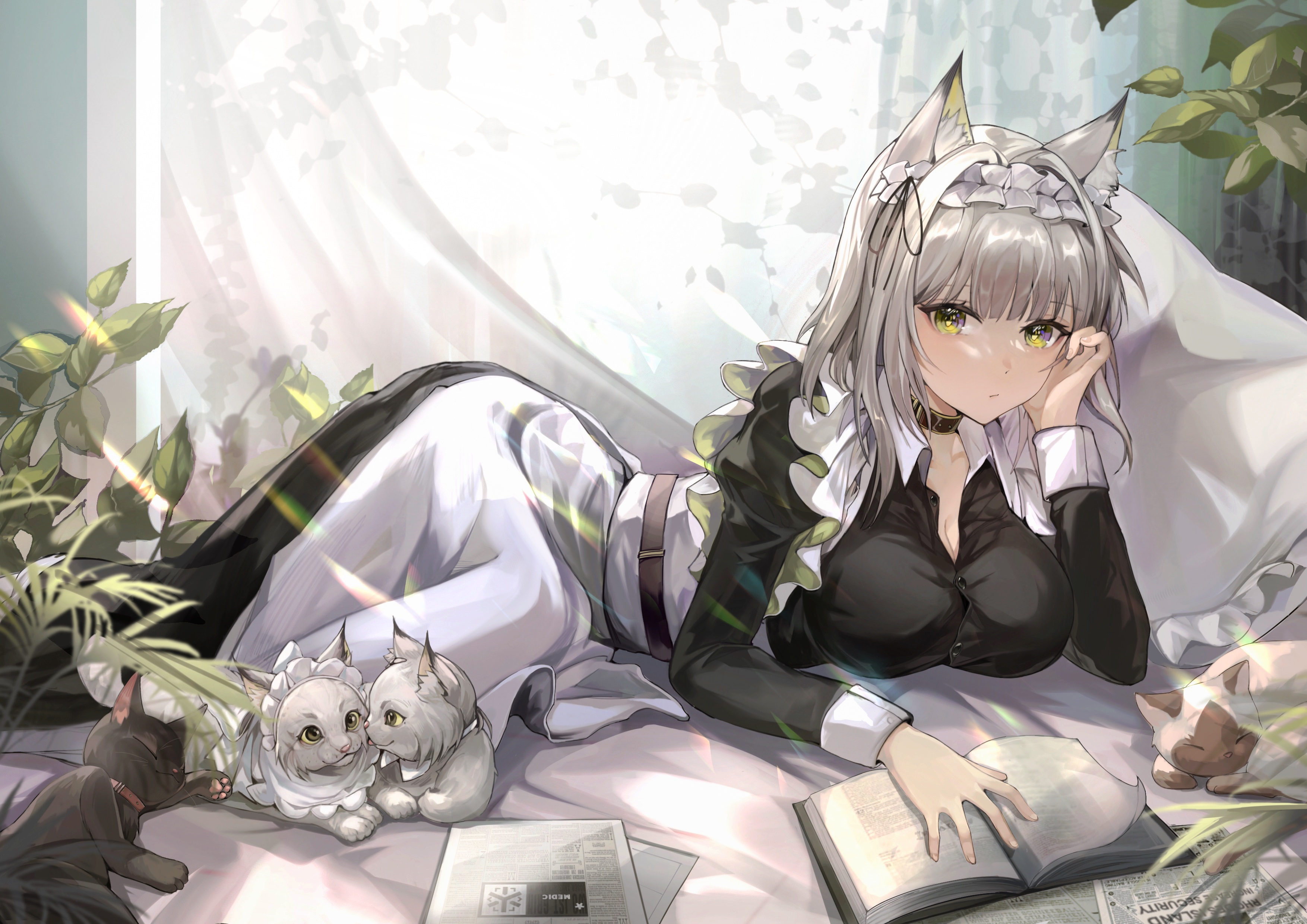 Anime 3508x2480 anime anime girls Arknights Kal'tsit (Arknights) animal ears silver hair green eyes maid outfit in bed lying on side cats