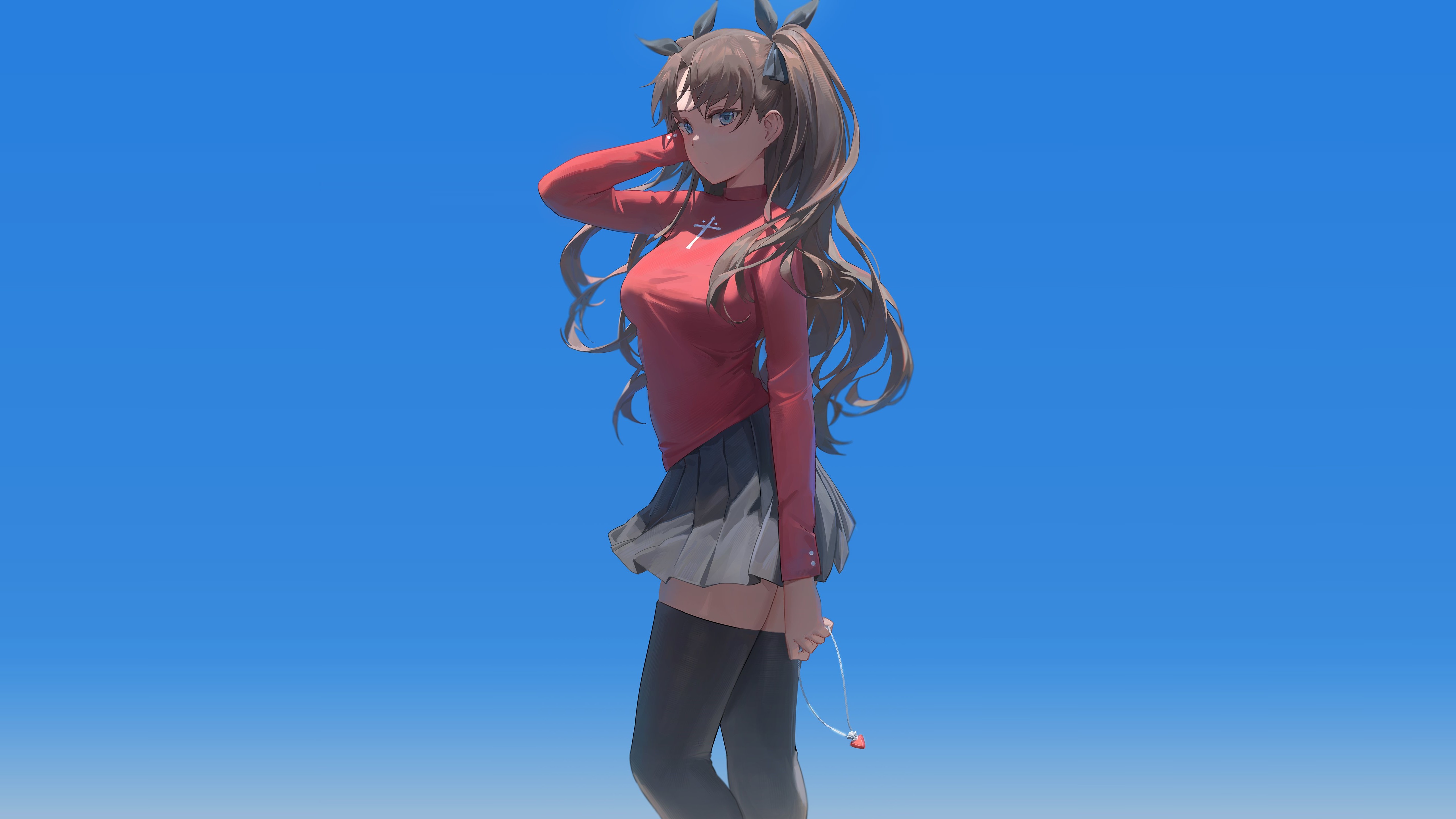 Anime 5124x2882 Yohan1754 Tohsaka Rin anime anime girls simple background looking at viewer twintails long hair arm(s) behind head skirt miniskirt thighs thigh-highs brunette blue eyes Fate/Stay Night standing red clothing stockings black stockings Fate series artwork
