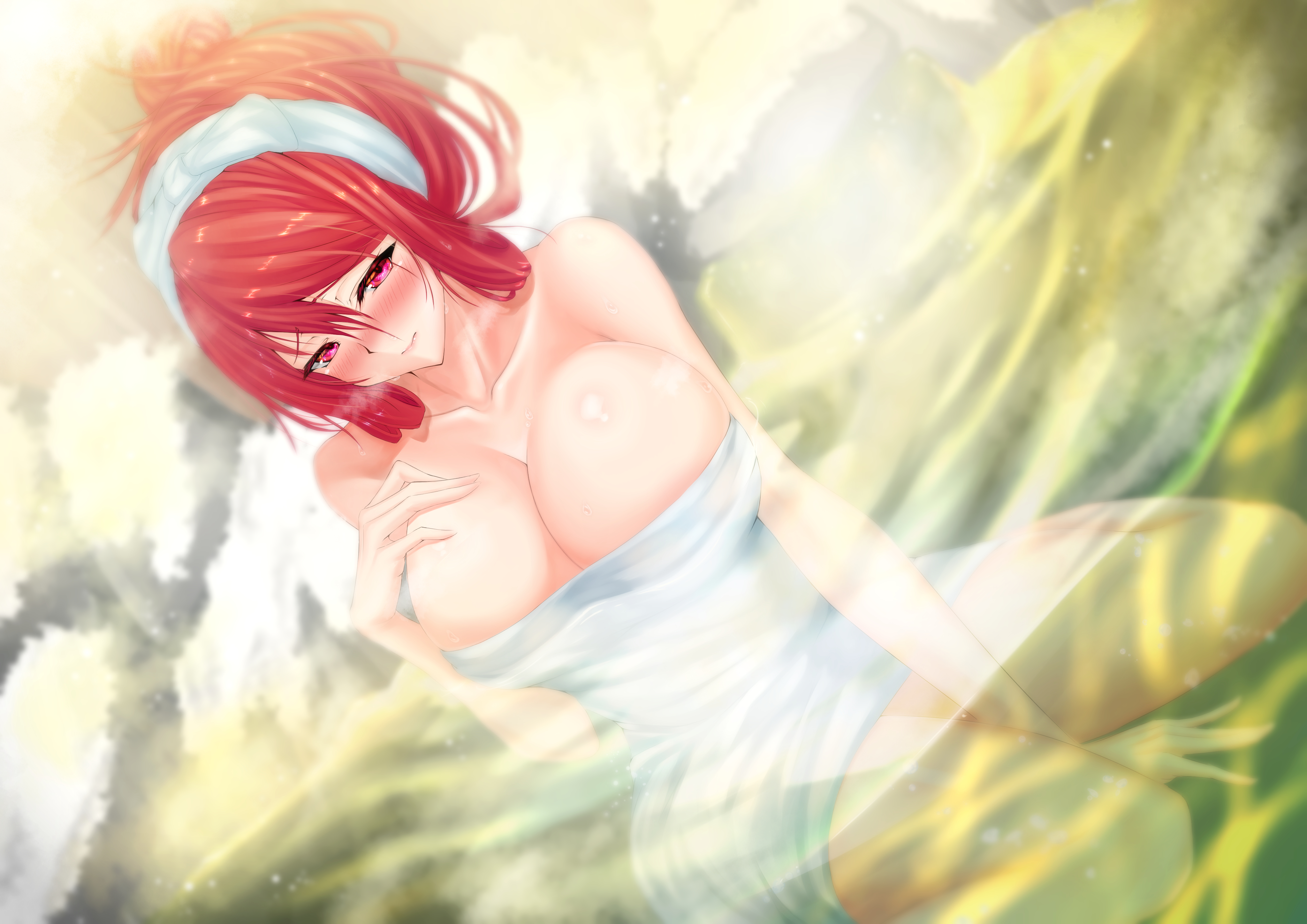Anime 4093x2894 kaoru1307 anime anime girls water hot spring towel redhead red eyes blushing cleavage big boobs bathing sitting