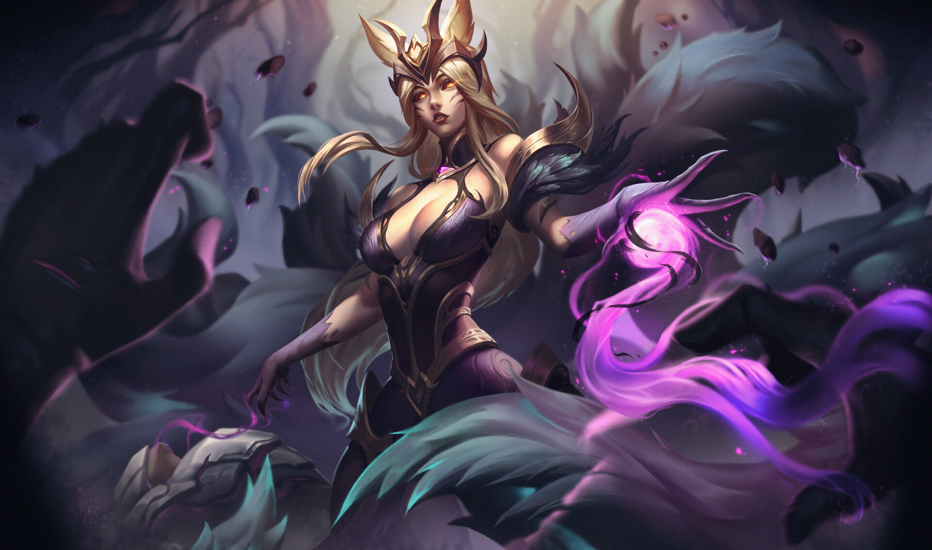 General 1920x1133 Unstable Anomaly drawing League of Legends women Ahri (League of Legends) blonde fox girl long hair fighting spell purple nine tails red eyes fantasy art video game art
