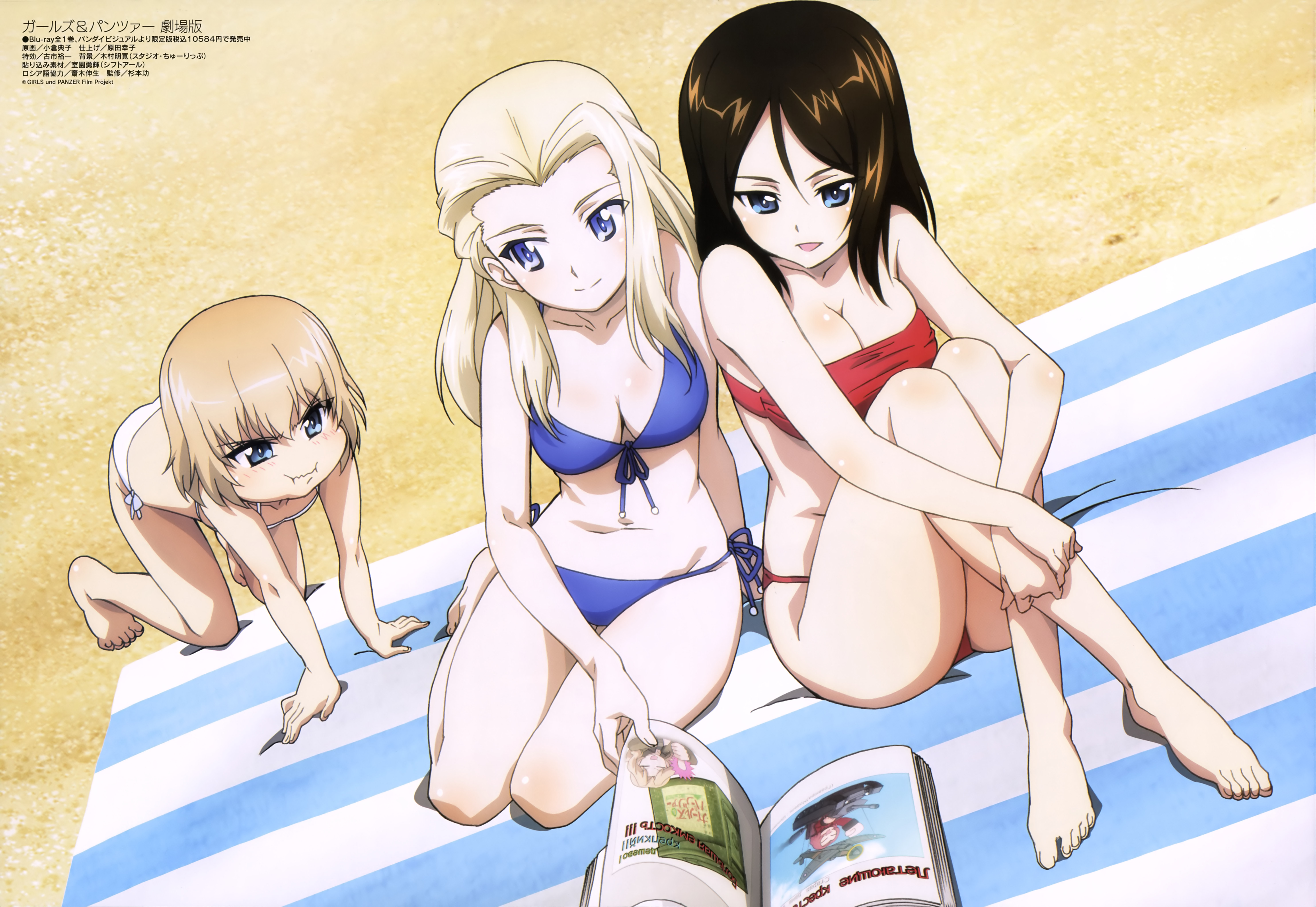 Anime 5939x4093 anime anime girls beach sand beach towel magazine blonde Girls und Panzer women on beach women trio bikini books