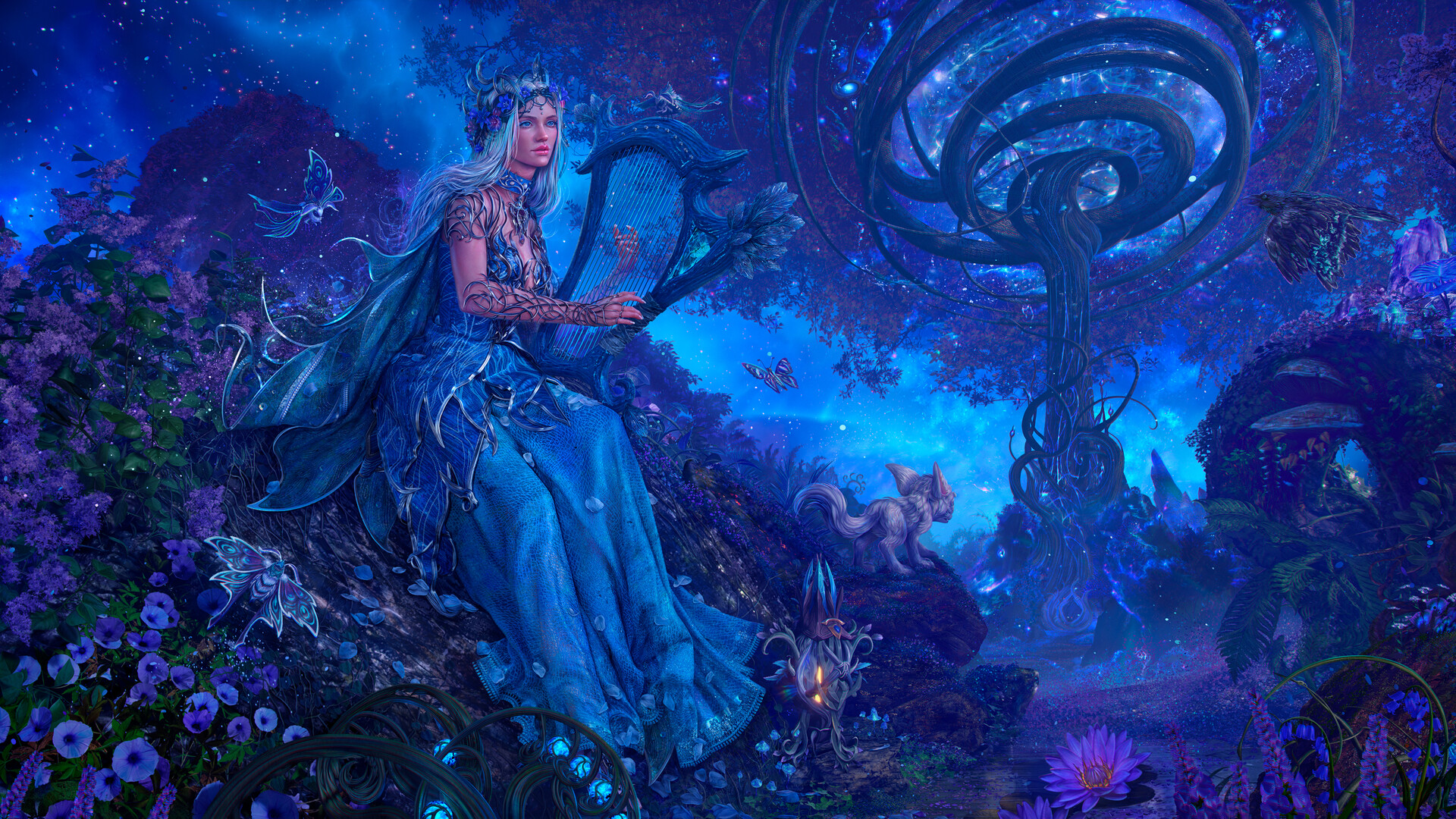 General 1920x1080 Taisa Kislova fantasy art digital art blue hair harp crow trees forest garden butterfly World of Warcraft
