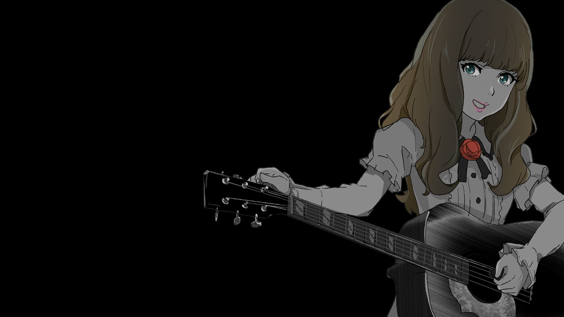 Anime 1920x1080 selective coloring black background dark background simple background anime girls guitar musical instrument