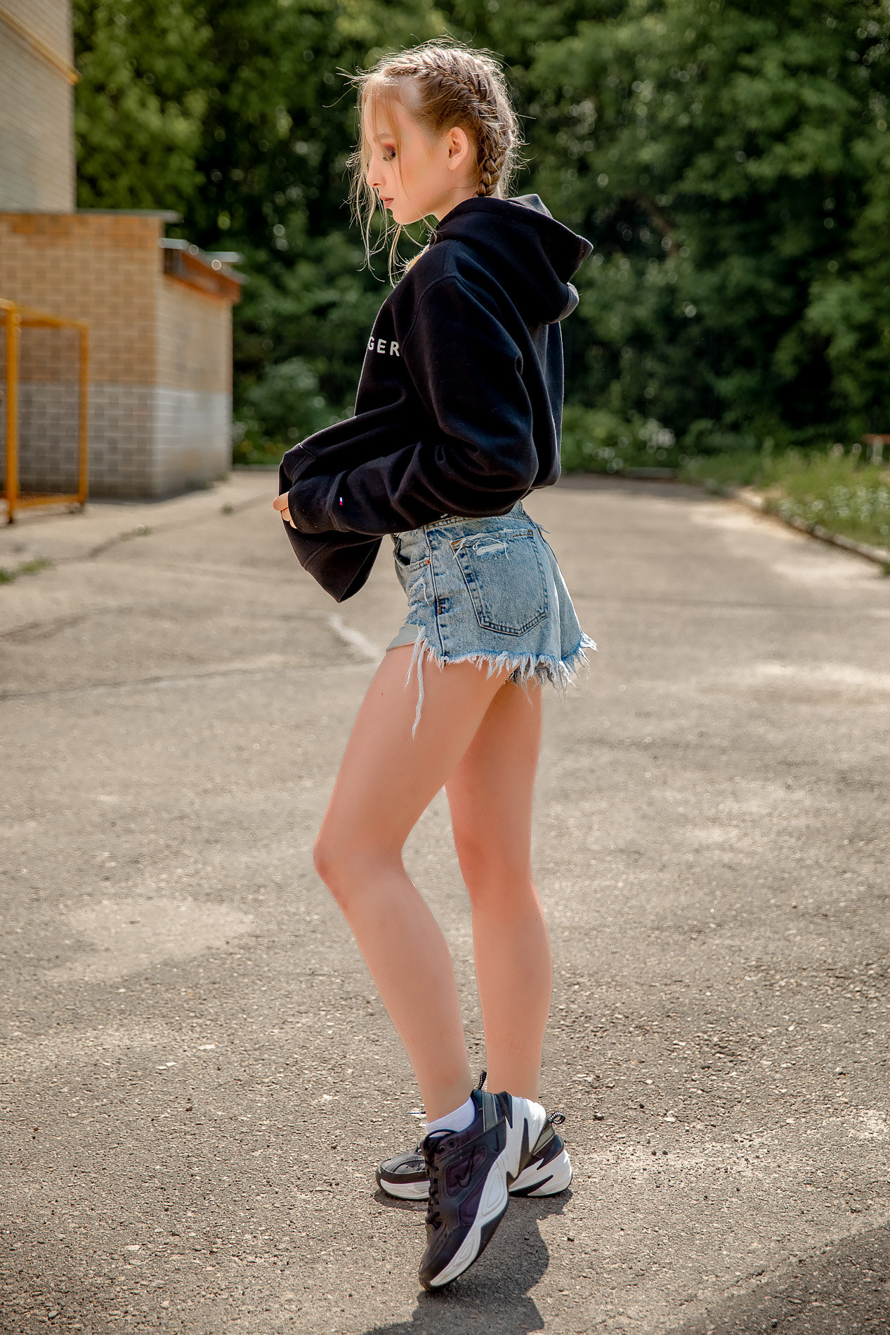 People 1267x1900 Dmitry Korneev women blonde braids hoods shorts jeans denim sneakers outdoors sportswear sweatshirts