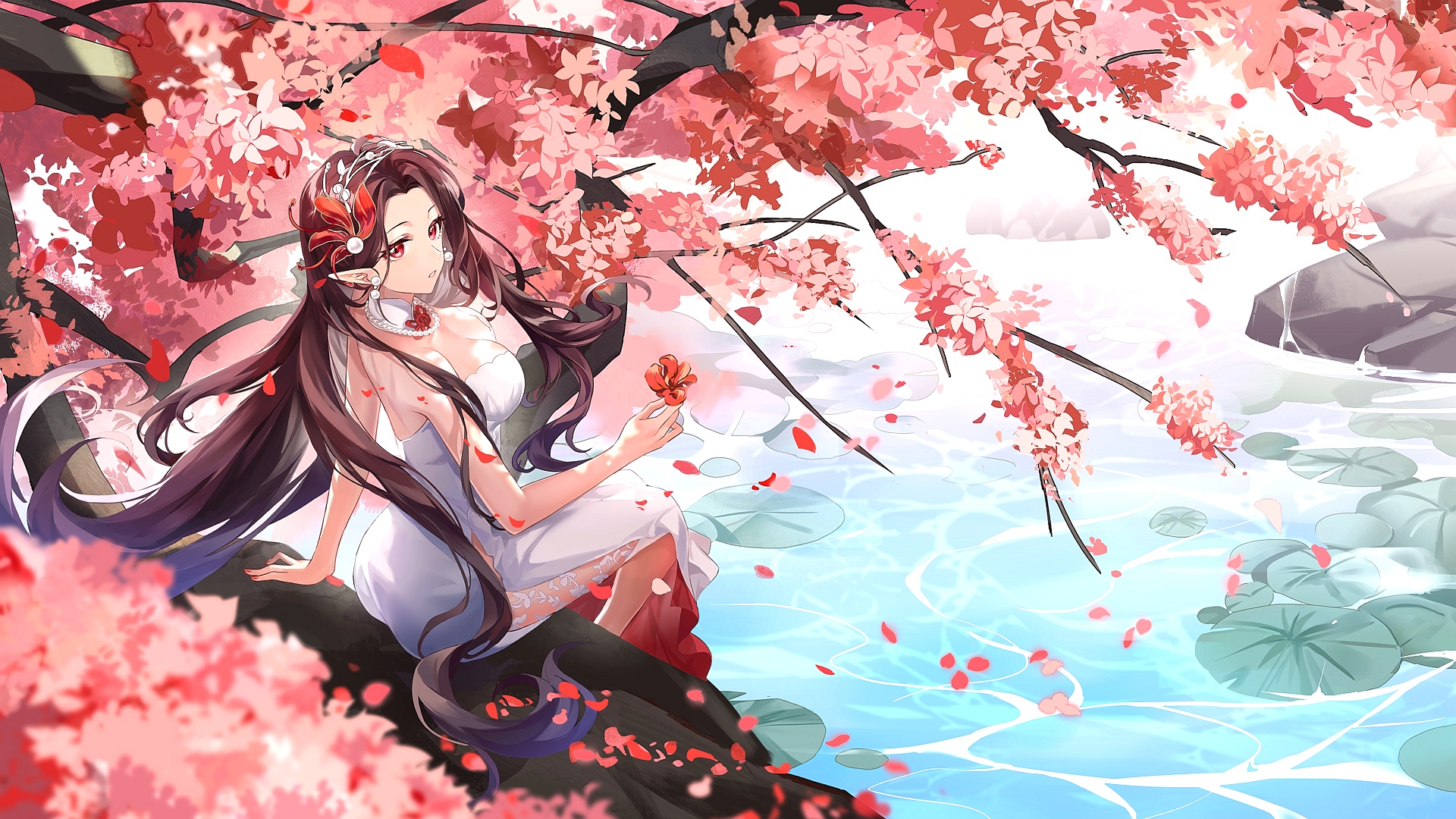 long hair, anime, anime girls, cherry trees, water, rocks | 1920x1080 ...