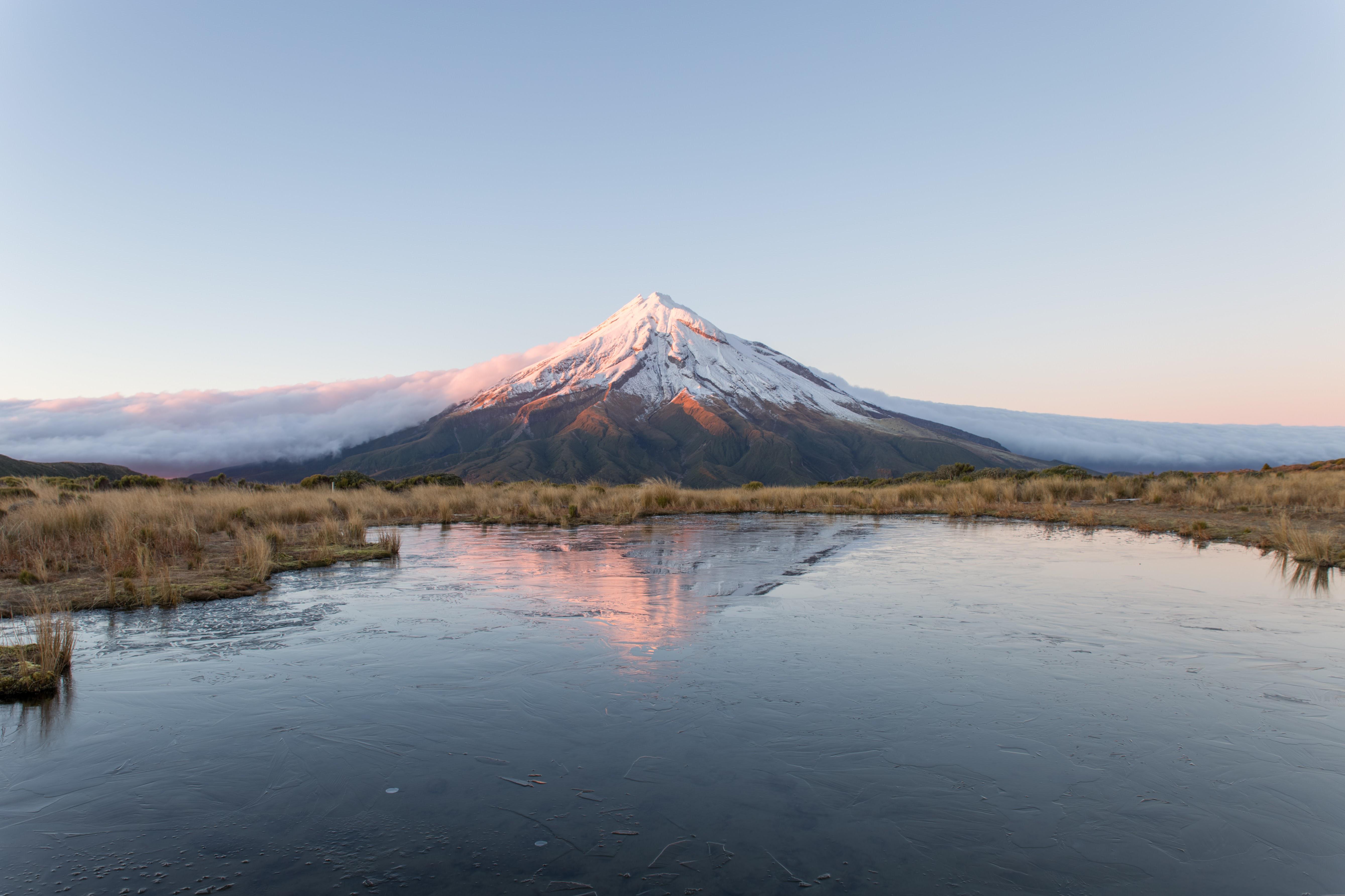 General 5356x3570 New Zealand landscape clouds pond snow nature Mount Taranaki mountains reflection water