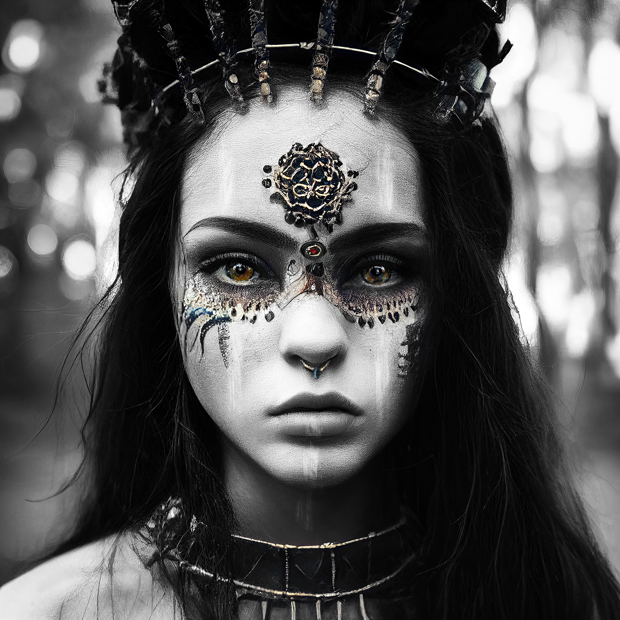 People 2160x2160 Justin Gedak women hair accessories jewelry gold monochrome ruby choker depth of field pierced nose looking at viewer brown eyes AI art