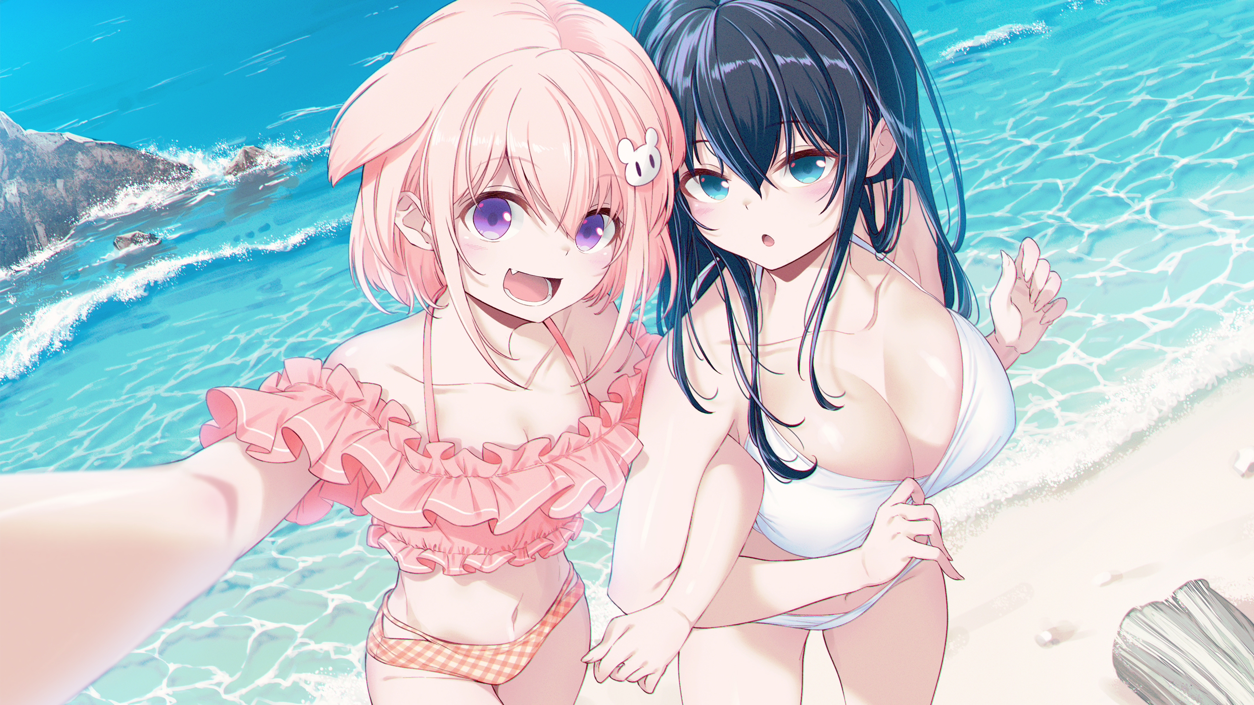 Anime 2560x1440 anime anime girls boobs big boobs cleavage swimwear white swimsuit thighs beach summer pink swimsuit bikini white bikini 40hara artwork selfies