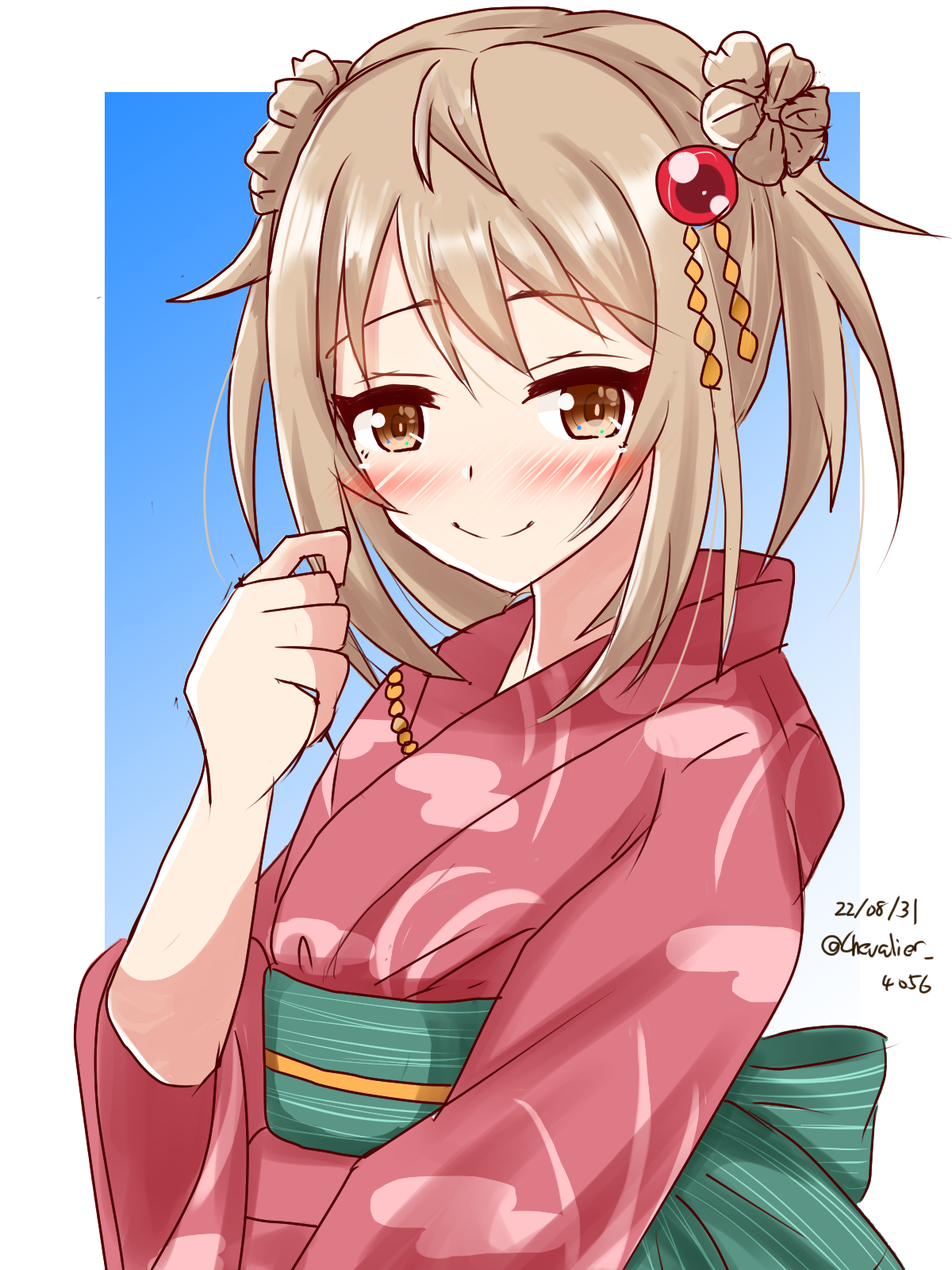Anime 1200x1600 anime anime girls Kantai Collection Michishio (KanColle) twintails brunette solo artwork digital art fan art face smiling traditional clothing shoulder length hair 2022 (year) watermarked looking at viewer