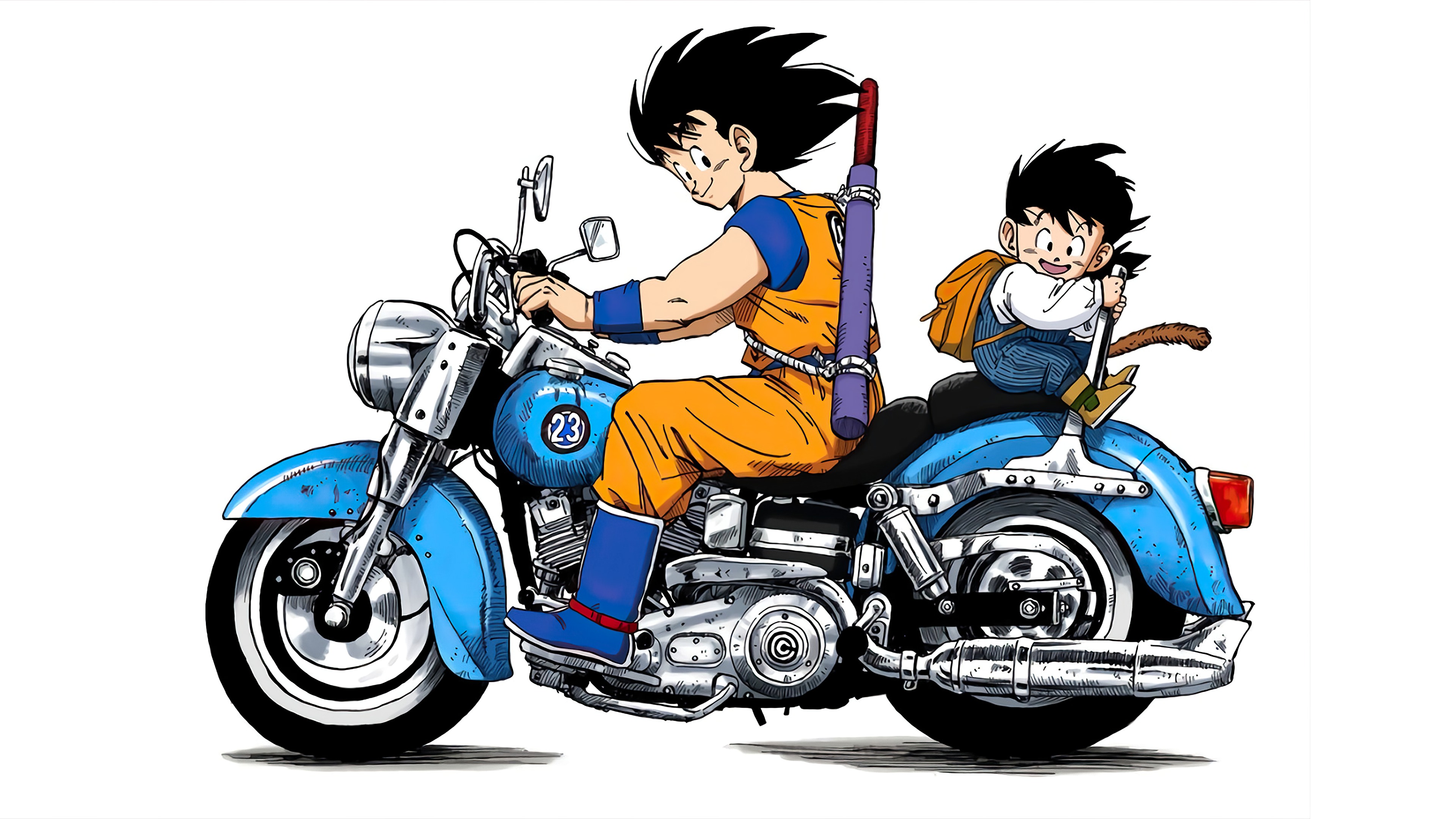 General 3840x2160 Dragon Ball motorcycle anime anime boys Son Goku Gohan simple background white background looking at viewer minimalism