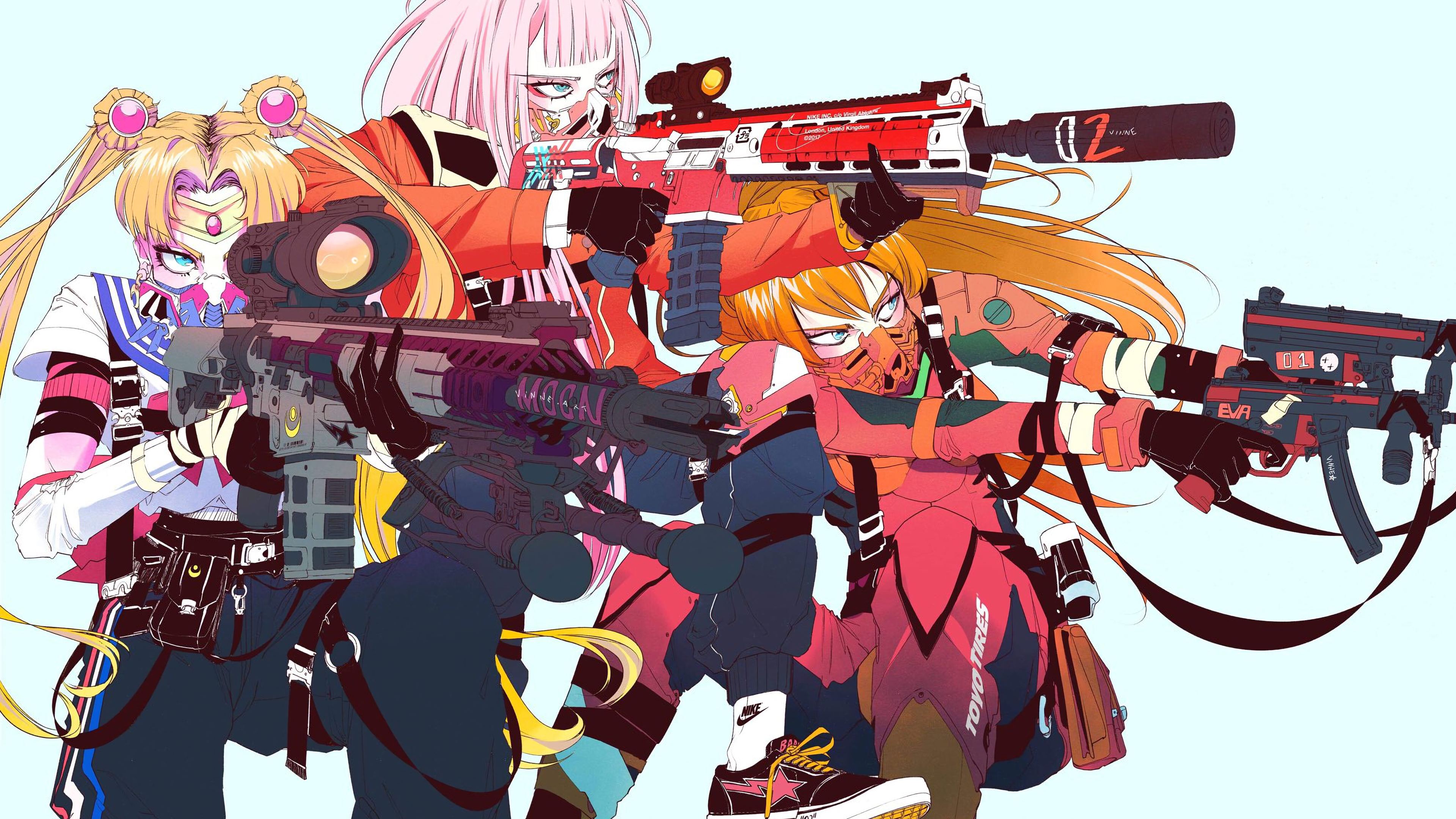 Anime 3840x2160 Zero Two (Darling in the FranXX) Asuka Langley Soryu Tsukino Usagi gun assault rifle anime girls crossover gas masks girls with guns bodysuit
