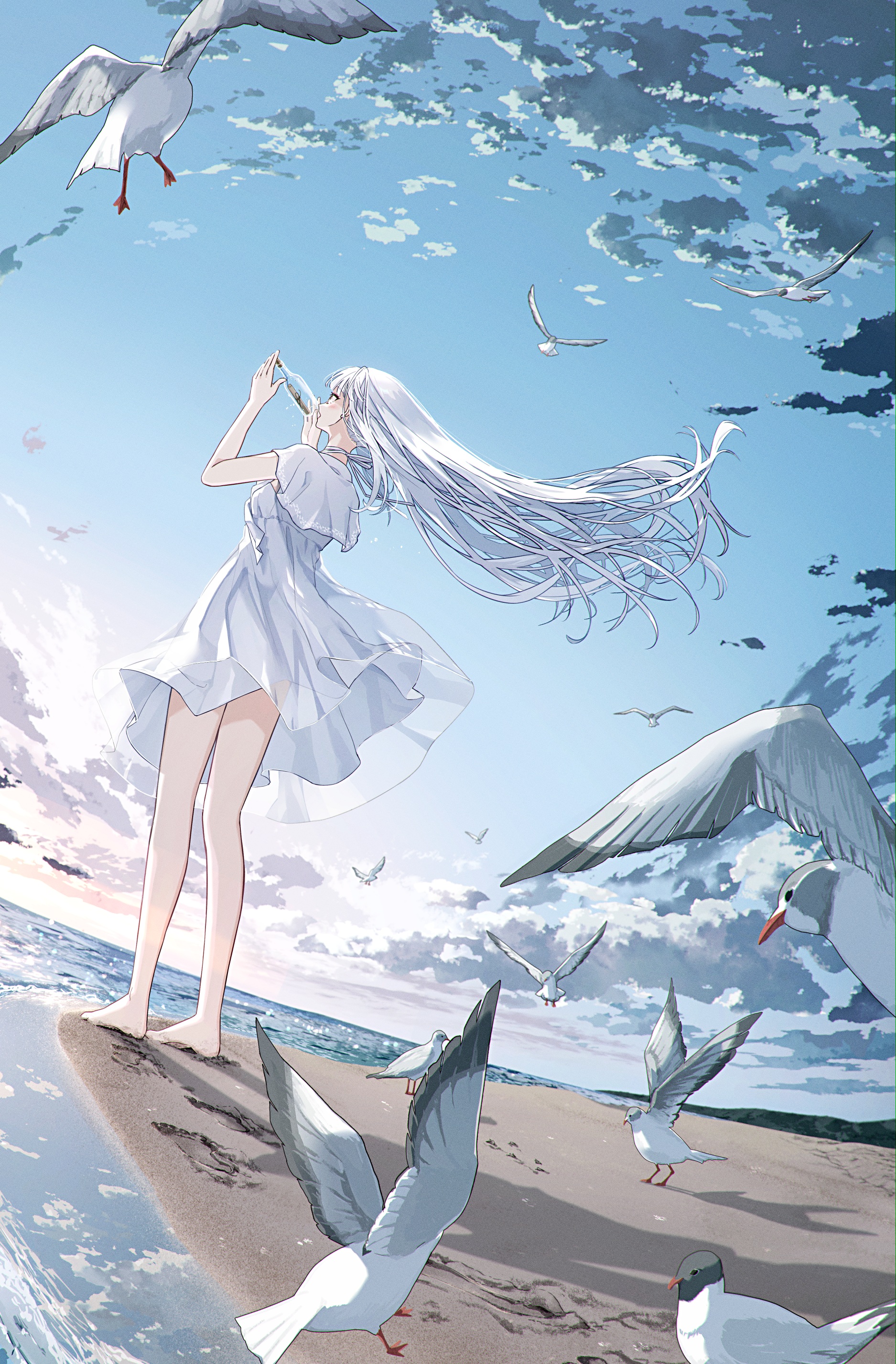 Anime 1875x2853 anime anime girls white hair birds clouds animals beach tngn96