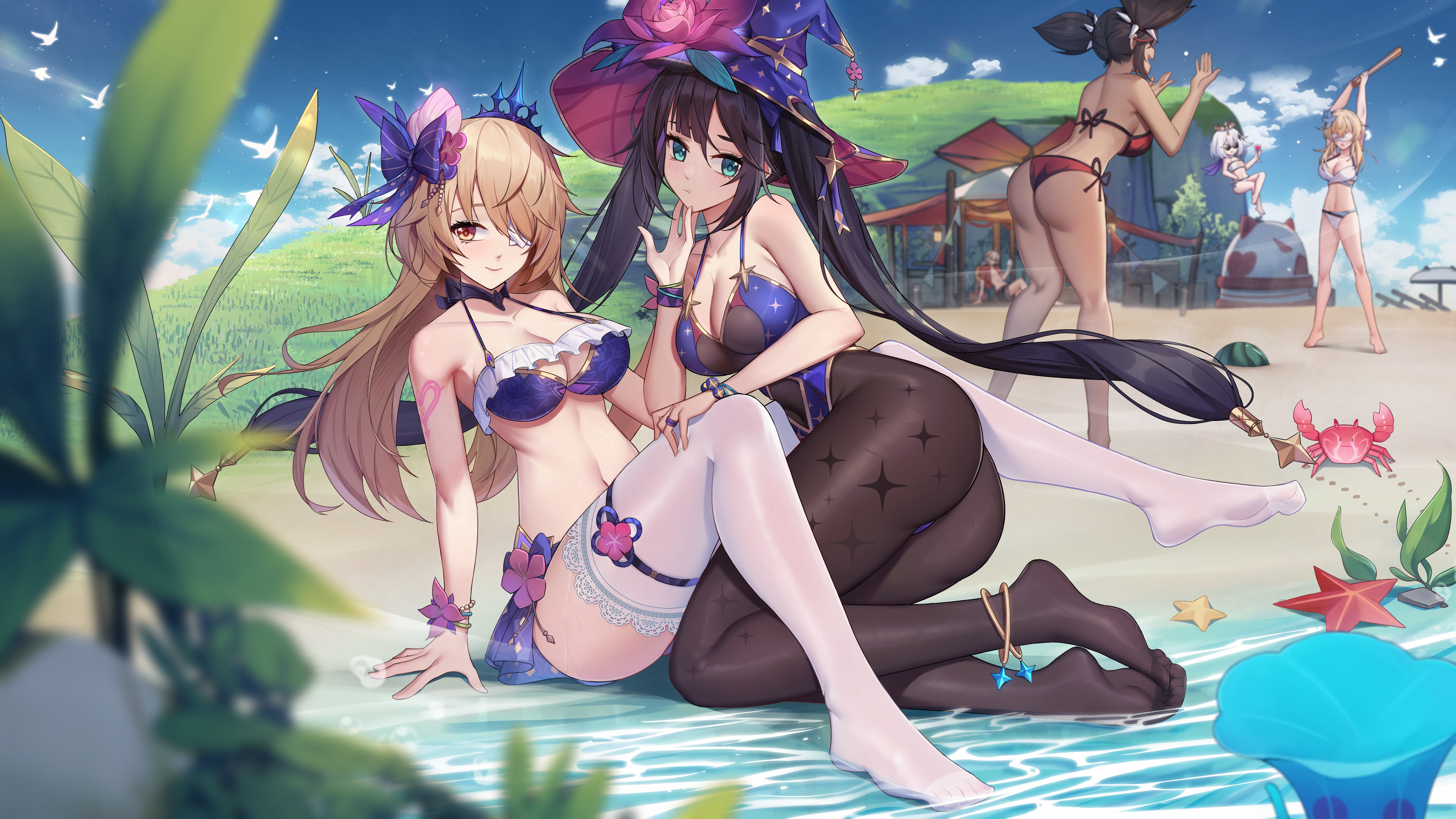 Anime 7111x4000 anime anime girls Fischl (Genshin Impact) Mona (Genshin Impact) Paimon (Genshin Impact) Lumine (Genshin Impact) Xinyan (Genshin Impact) bikini swimwear pantyhose big boobs ass water starfish crabs watermelons hat witch hat group of women women outdoors women on beach Genshin Impact