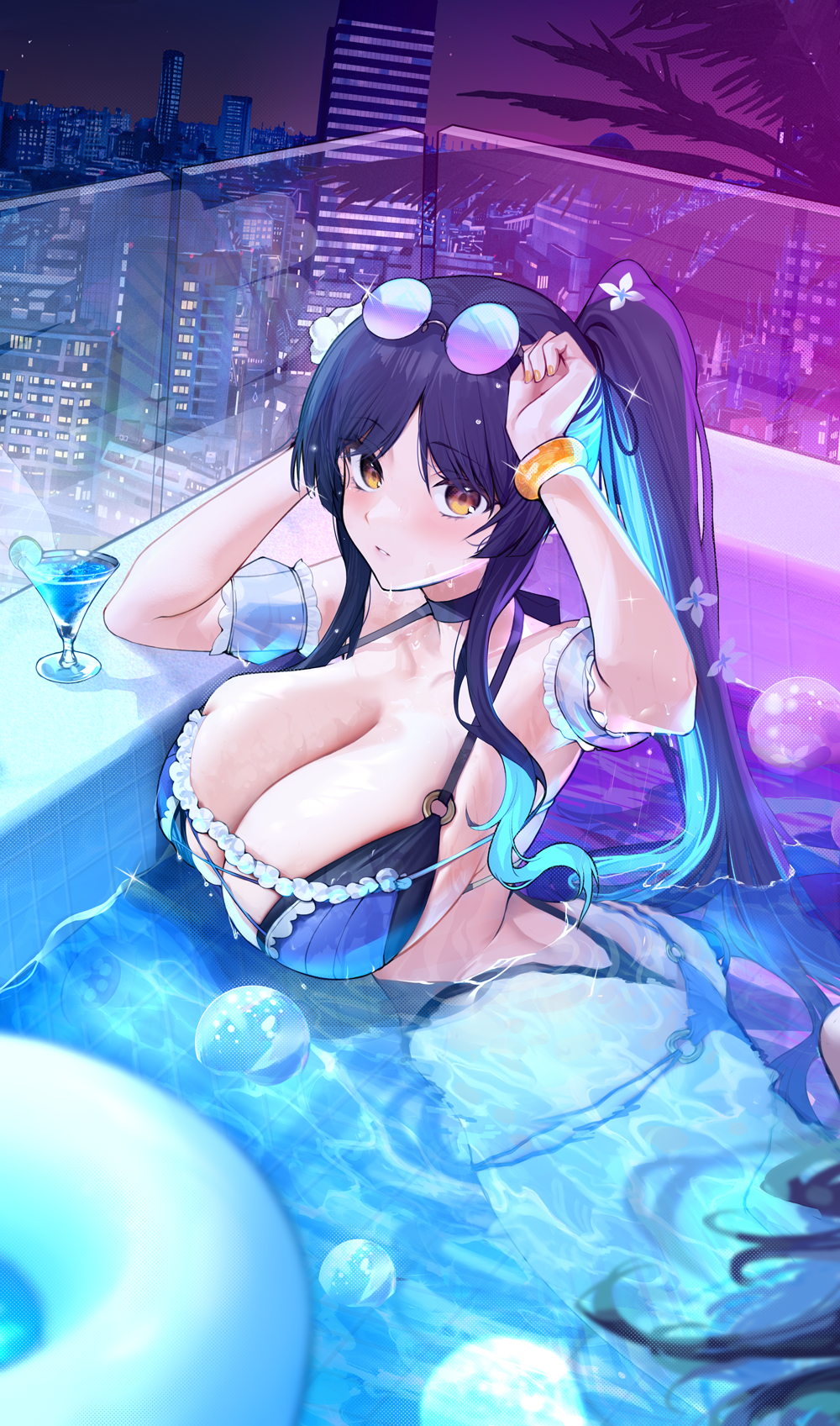 Anime 1000x1697 anime anime girls cleavage boobs water in water floater bikini sunglasses drink huge breasts artwork Xiujia Yihuizi bursting breasts