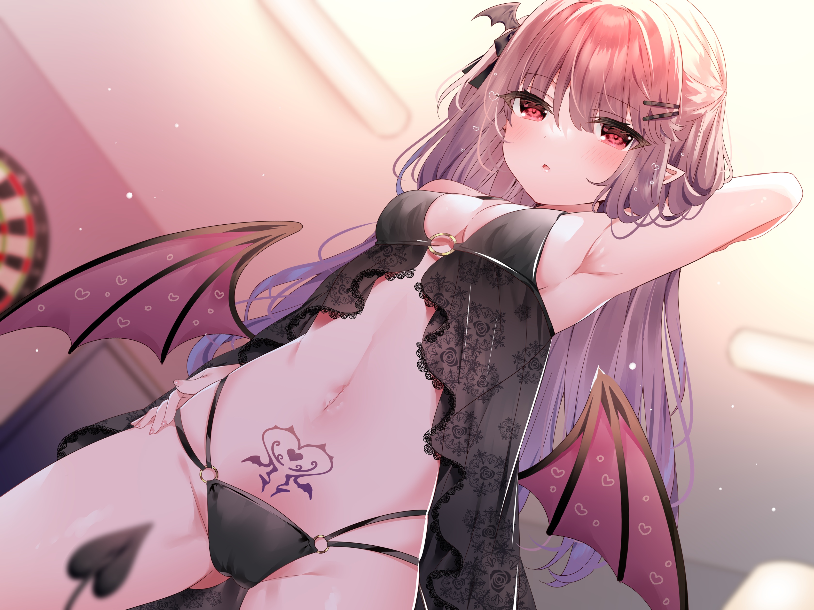 Anime 3360x2520 anime girls Mafuyu cameltoe tattoo lingerie pointy ears tail wings red eyes womb tattoo succubus bat wings demon tail