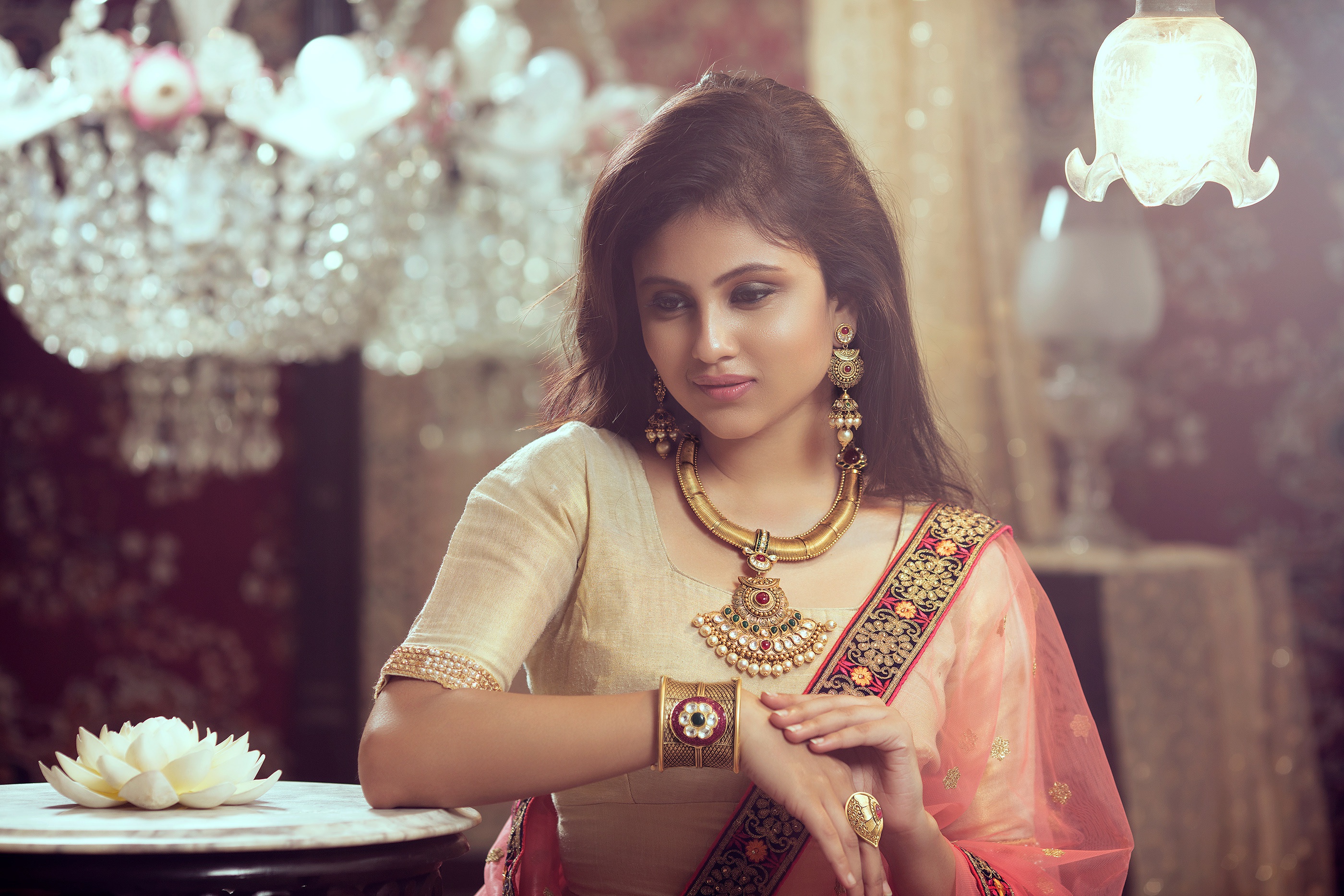 People 2800x1867 model women saree necklace bangles indoors indian model