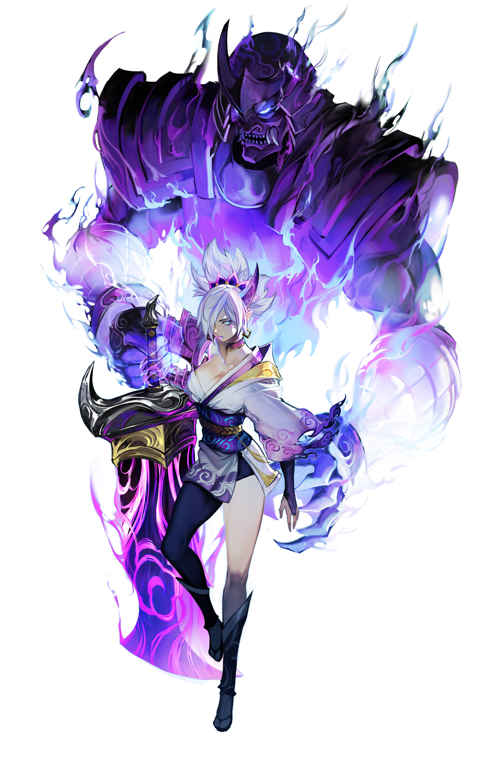 Anime 1713x2657 Riven (League of Legends) artwork simple background white background fantasy art BabyG Wong women fantasy girl
