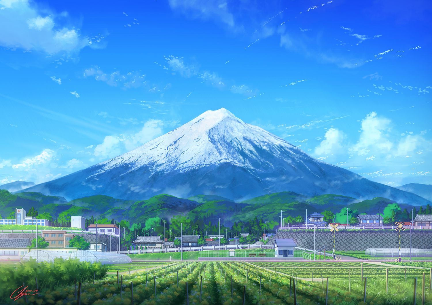 Anime 1500x1060 landscape artwork mountains snow caps sky