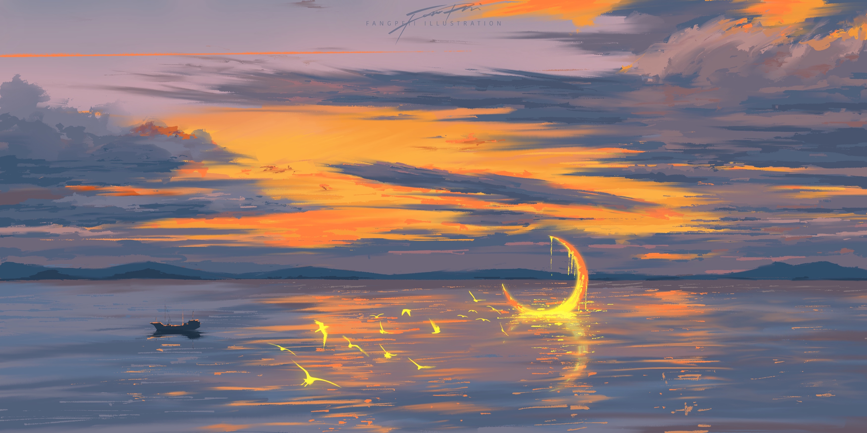 General 3500x1750 digital art fantasy painting landscape Moon sky Fangpeii boat crescent moon