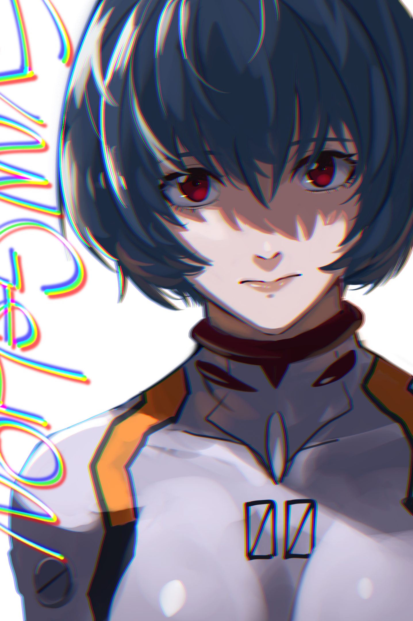 Anime 1437x2160 Neon Genesis Evangelion plugsuit red eyes bangs simple background 2D small boobs short hair blue hair looking at viewer Ayanami Rei bodysuit anime portrait display fan art bob hairstyle hair in face