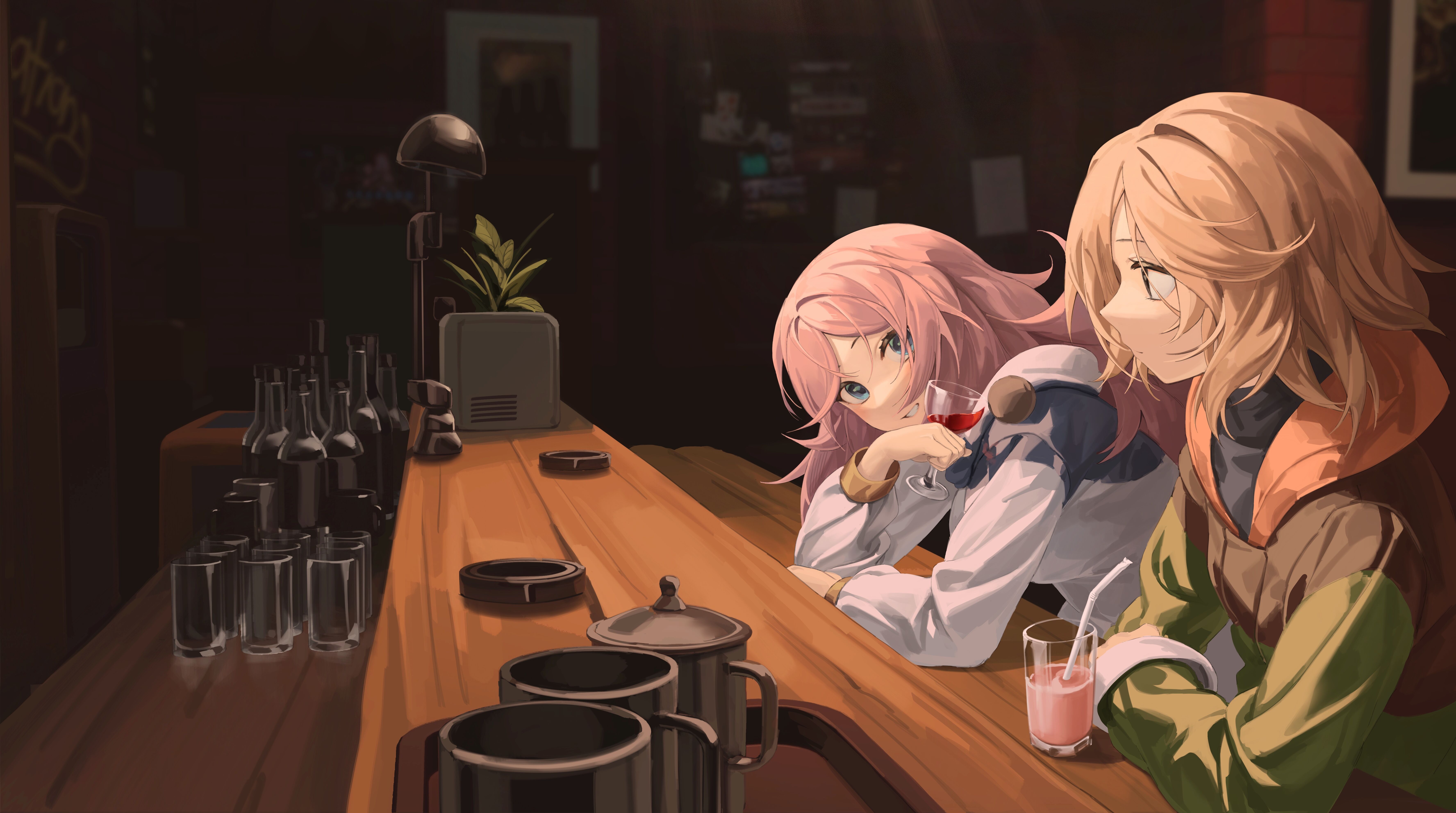 Anime 7104x3965 anime anime girls two women drinking glass blonde pink hair women indoors bar ReI Leyi artwork eastward
