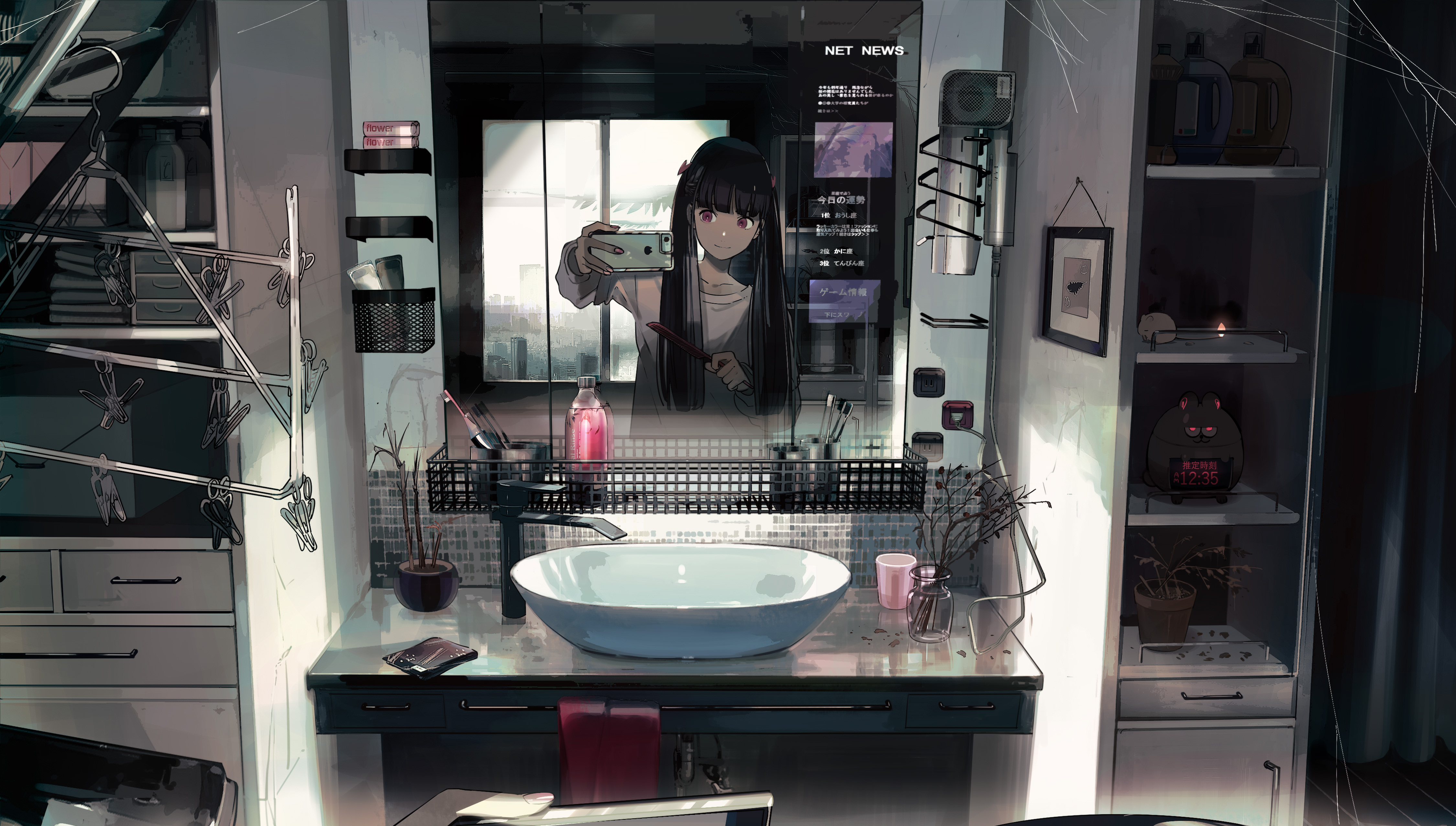 Anime 4500x2552 anime anime girls original characters artwork Kukka bathroom reflection selfies black hair red eyes