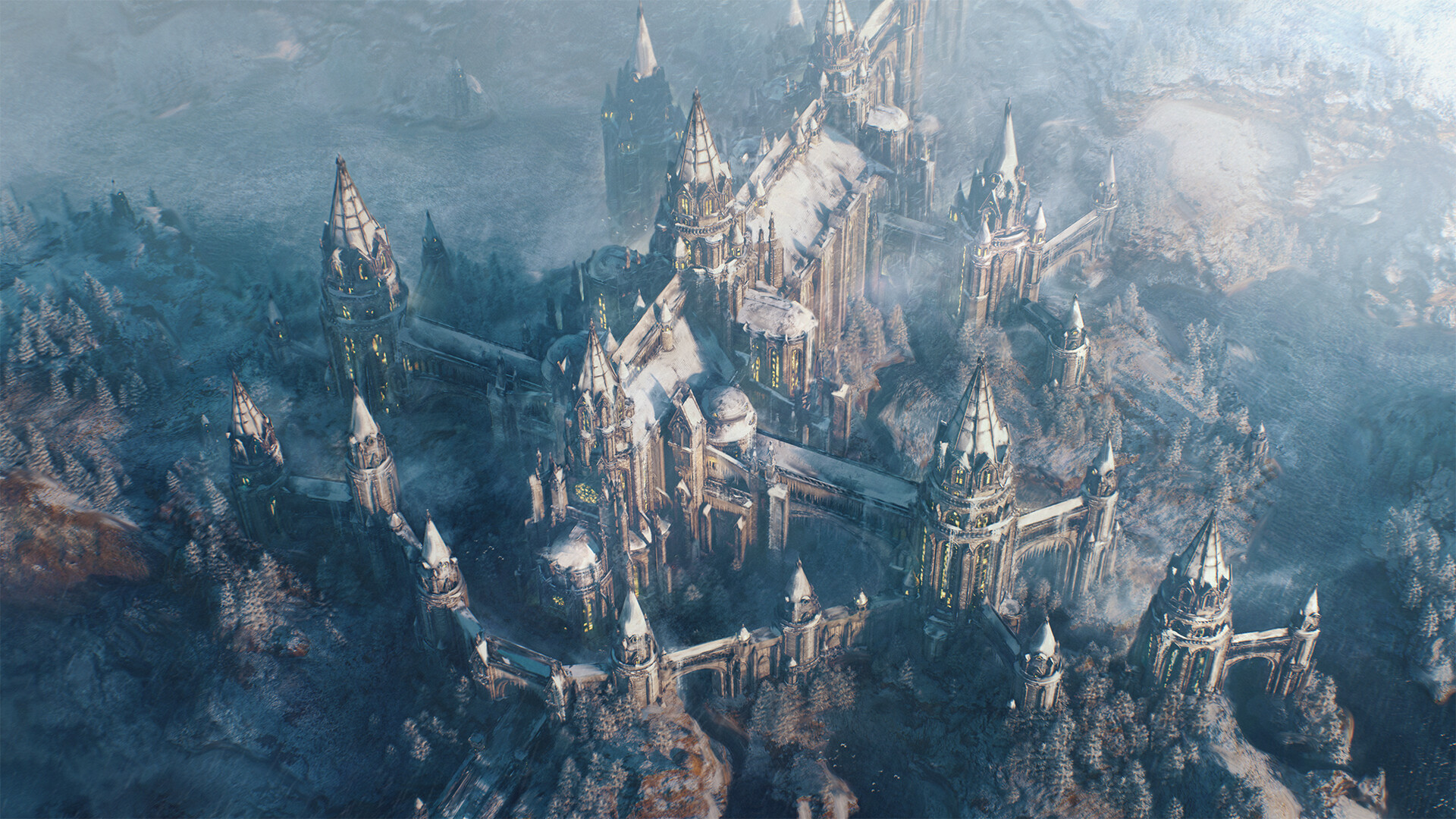 General 1920x1080 Oliver Beck digital art fantasy art castle snow trees Western Architecture gothic architecture