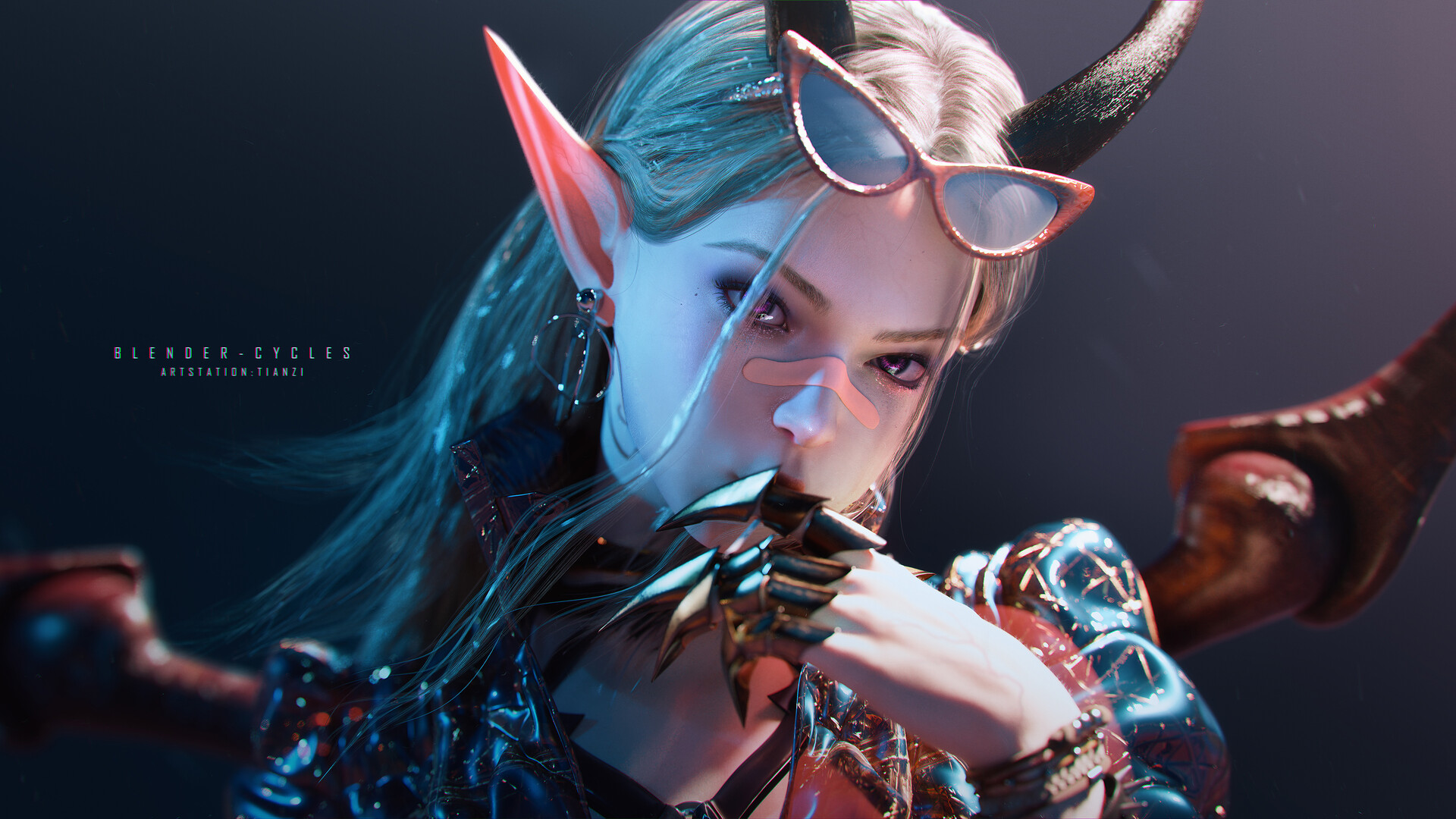 General 1920x1080 CGI women horns blonde pointy ears succubus armor simple background anime looking at viewer fantasy art fantasy girl sunglasses long hair women with shades demon girls Tian Zi