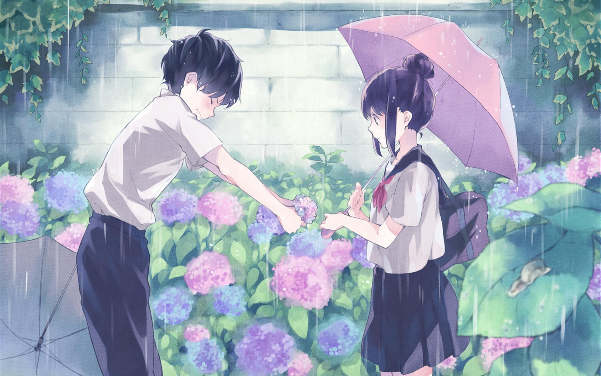 Anime 1920x1200 anime anime boys anime girls anime couple umbrella rain flowers wall school uniform