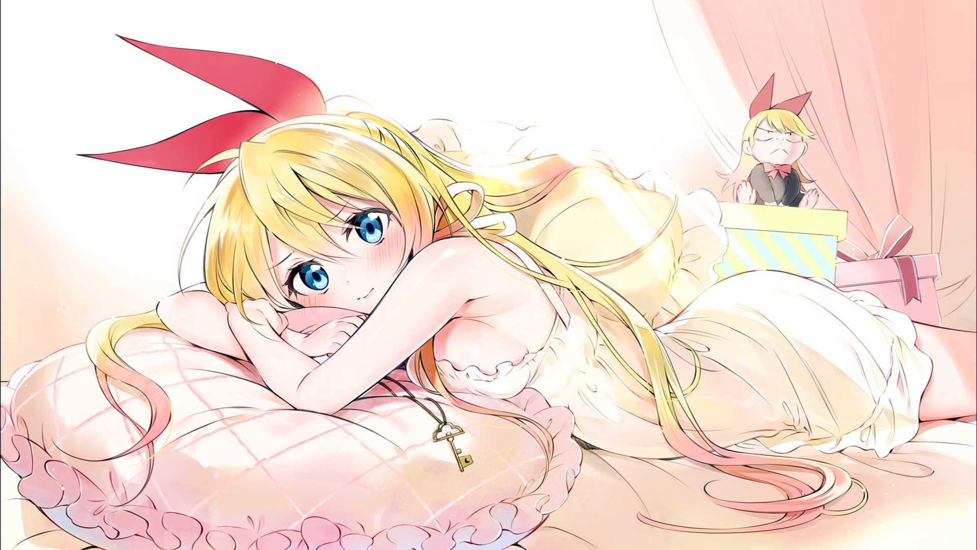 Anime 1920x1080 Nisekoi Kirisaki Chitoge anime girls in bed blonde long hair blue eyes blushing nightwear lying on front sideboob