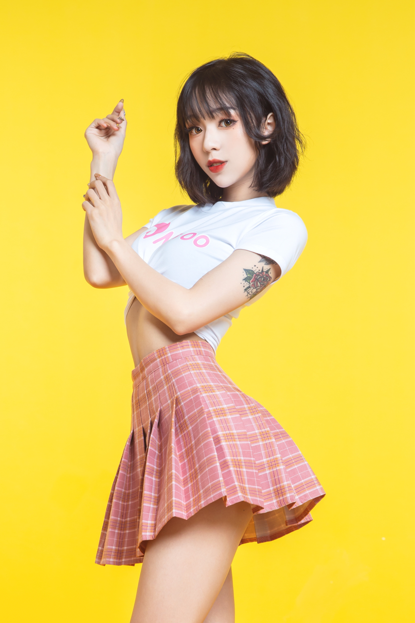 People 853x1280 Chinese Asian Chinese women women legs minidress tattoo white tops short hair red lipstick looking at viewer model