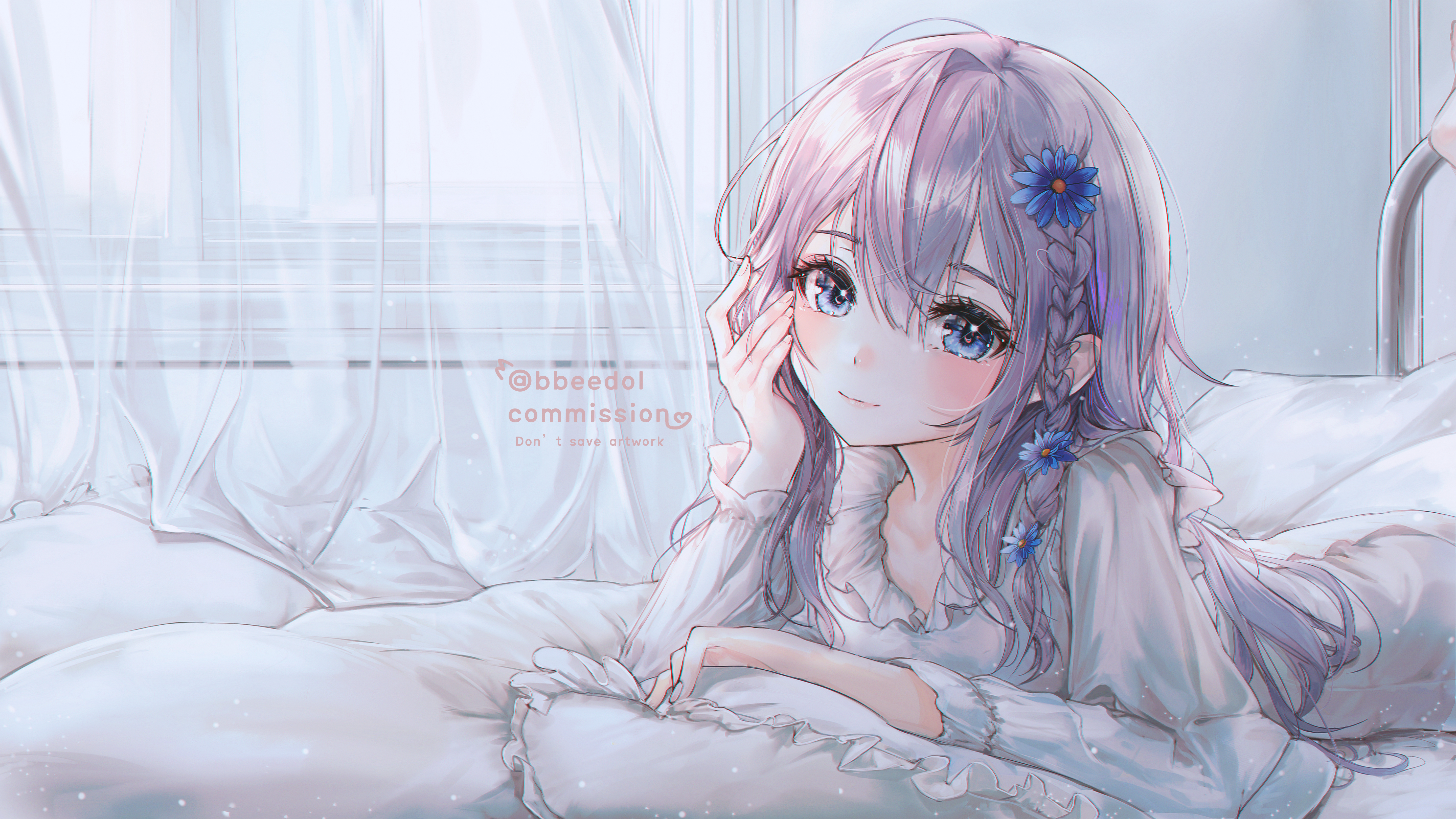 Anime 5760x3240 anime anime girls Bbeedol artwork silver hair blue eyes in bed