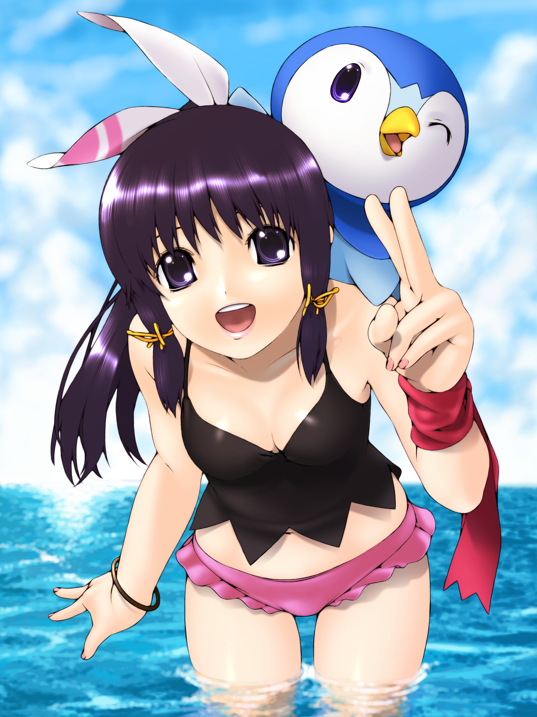 Anime 1800x2400 anime anime girls Pokémon Dawn (Pokémon) Piplup (Pokémon) peace sign bent over swimwear