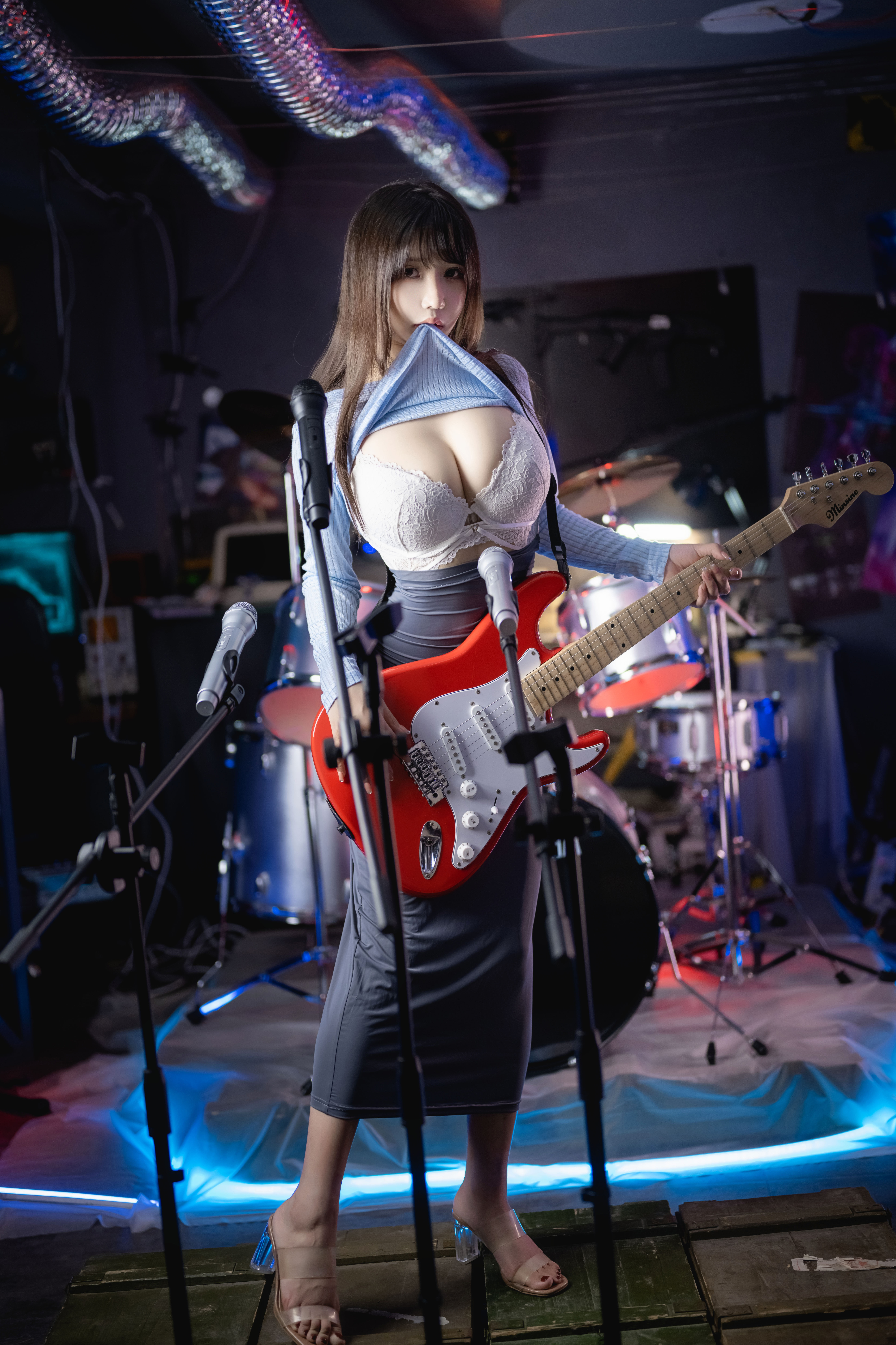 People 5504x8256 women model cosplay Asian Baozoumoziaa cleavage bra skirt guitar microphone Guitar Sister (Hitomio)