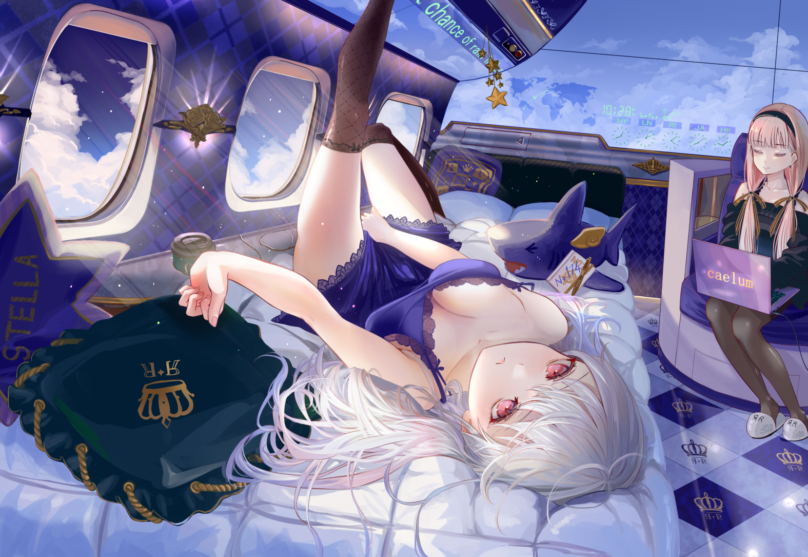 Anime 1575x1085 anime anime girls airplane nightgown lying down in bed thigh-highs dress pulling clothing cleavage white hair red eyes artwork ItoArtLab lying on back