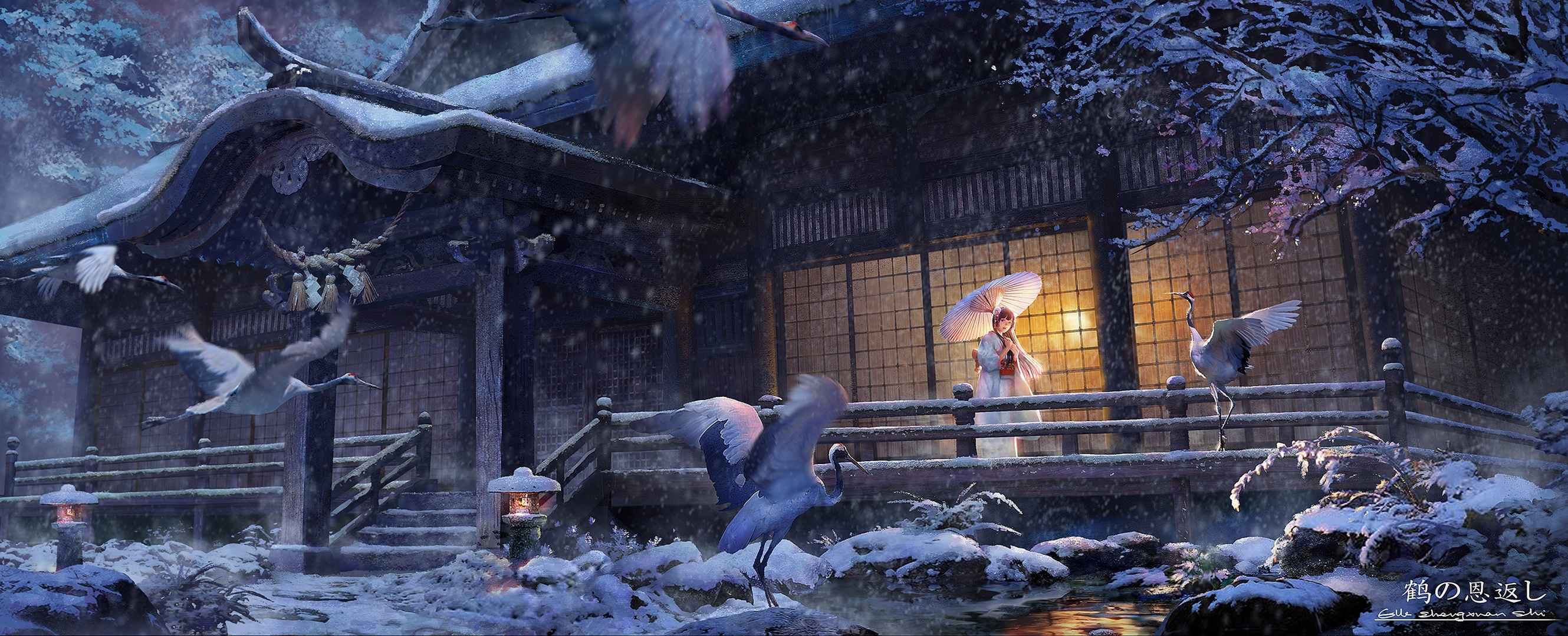 Anime 2659x1080 anime anime girls original characters artwork Lost Elle snow Asian architecture Japanese clothes birds