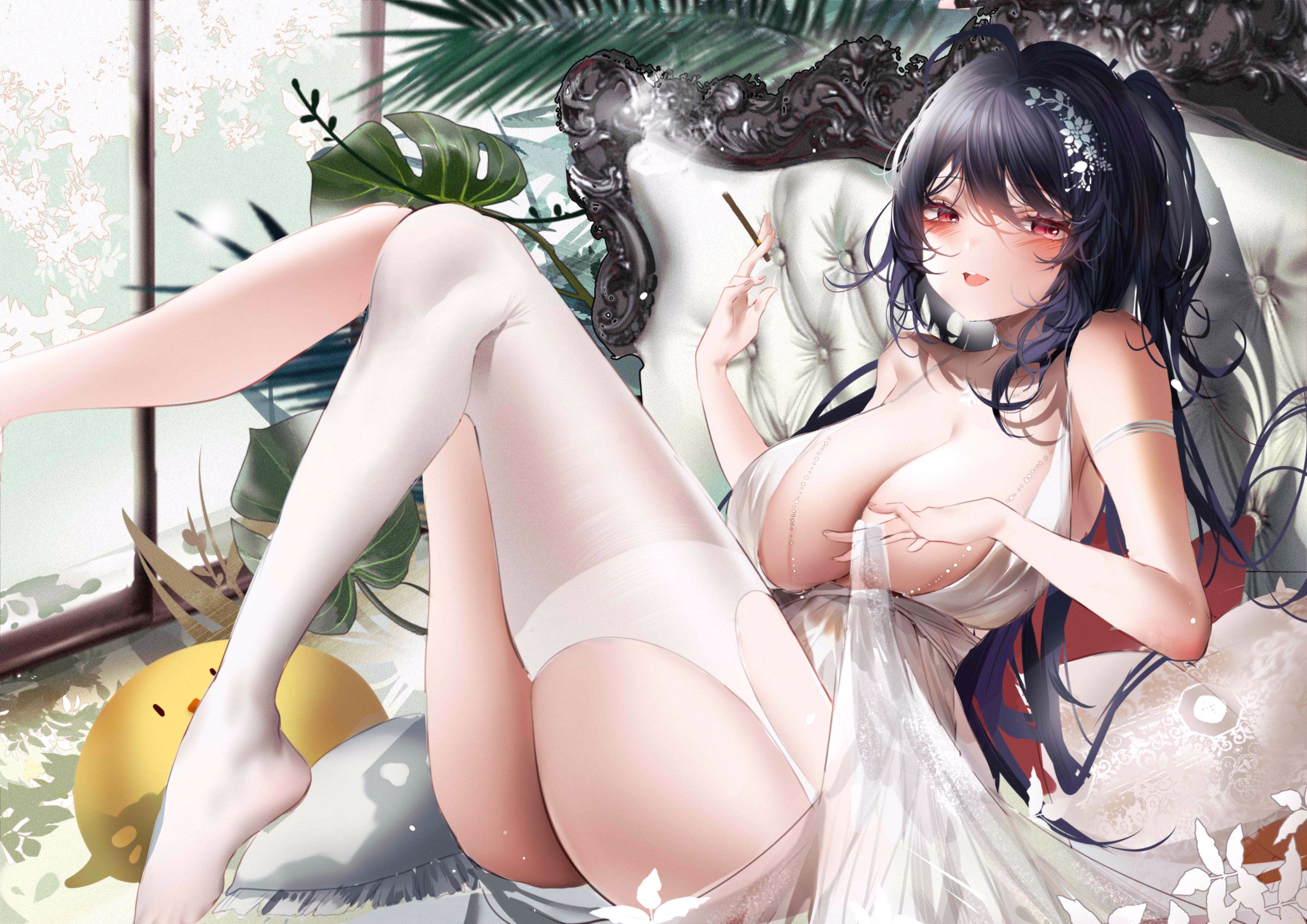 Anime 4093x2894 anime anime girls artwork Azur Lane black hair red eyes dress thigh-highs no bra cleavage big boobs